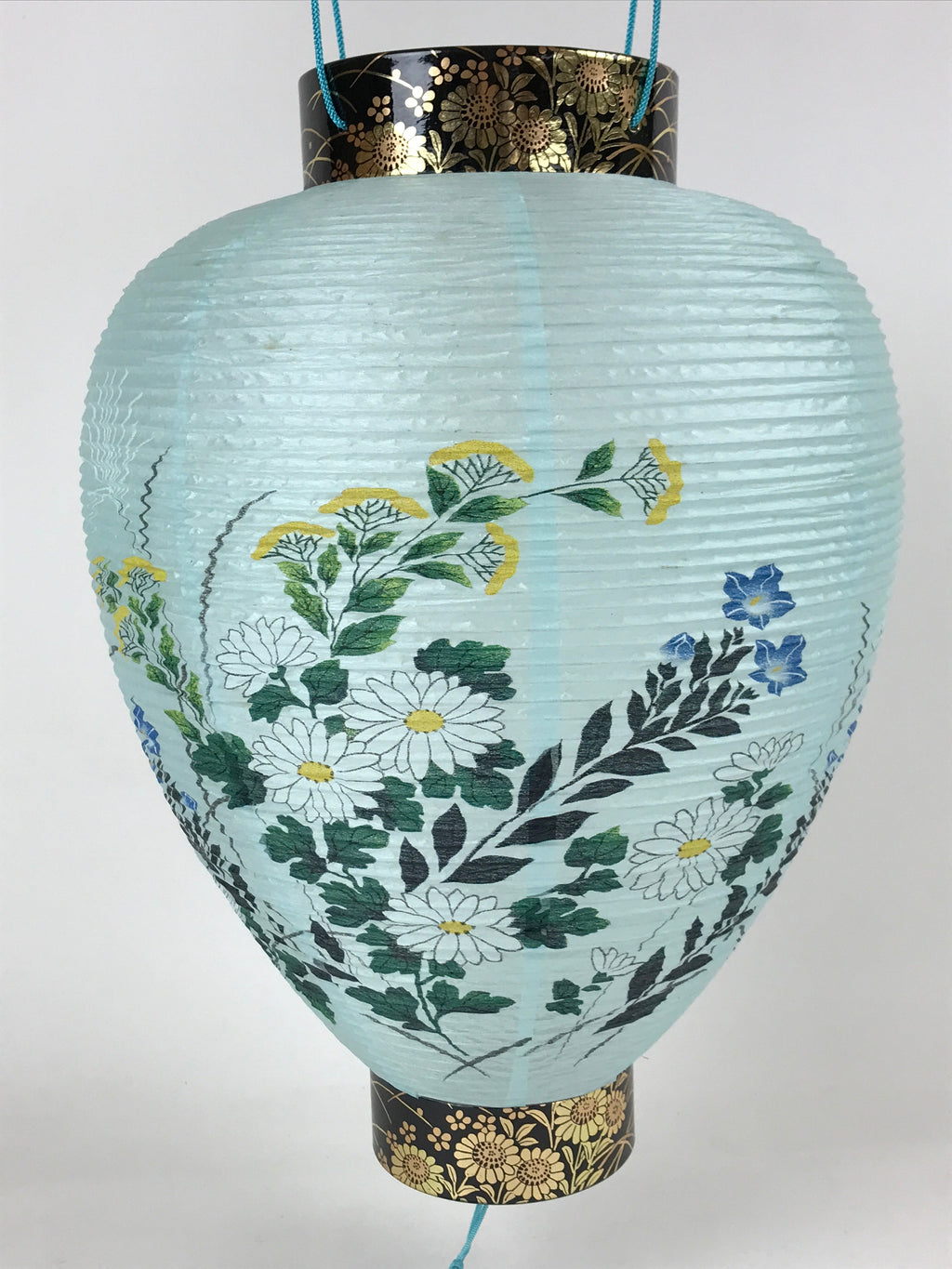 Japanese Paper Hanging Chochin Lantern Vtg Flowers Blue Tassel Black Gold LT73