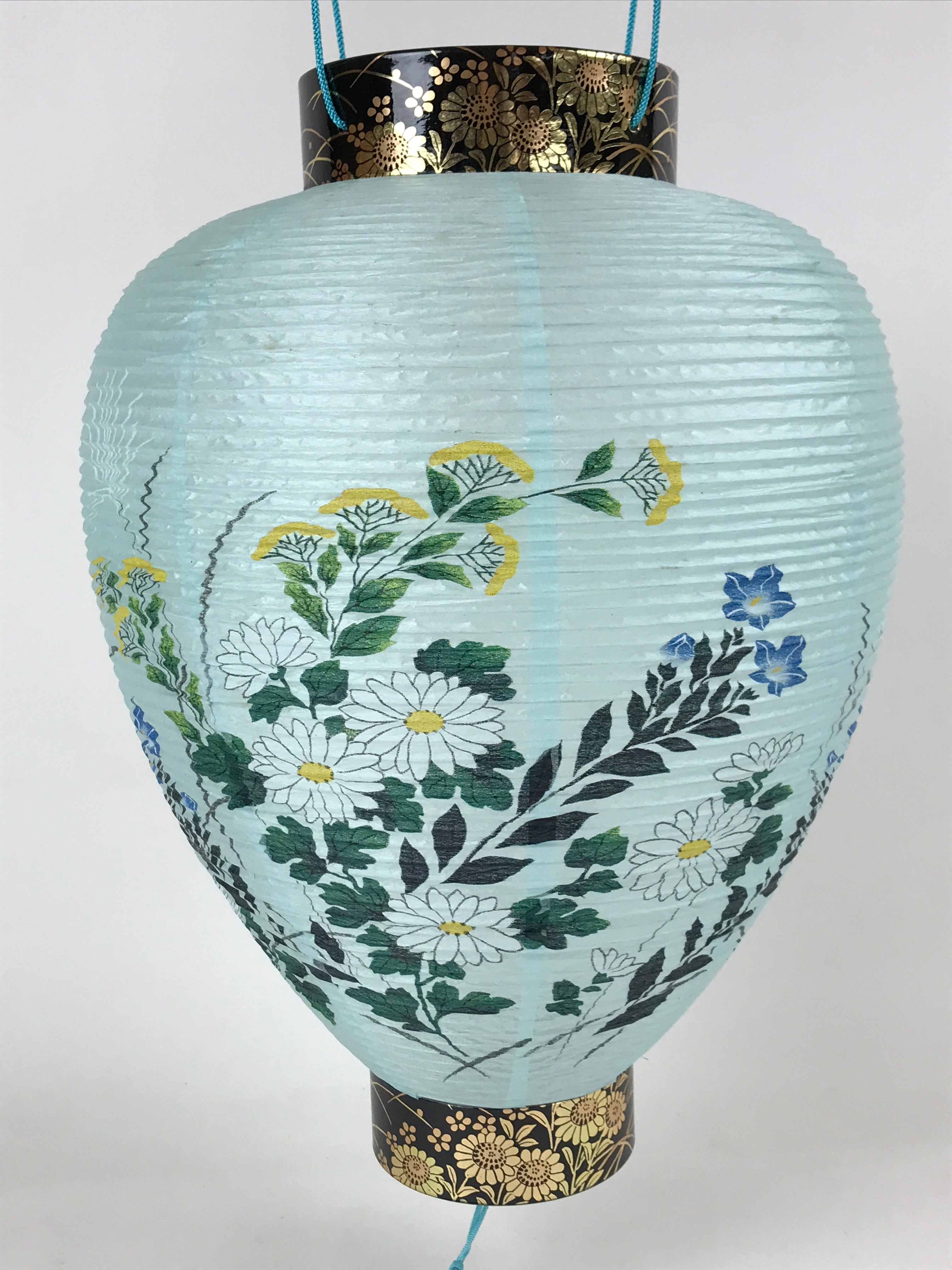 Japanese Paper Hanging Chochin Lantern Vtg Flowers Blue Tassel Black Gold LT73