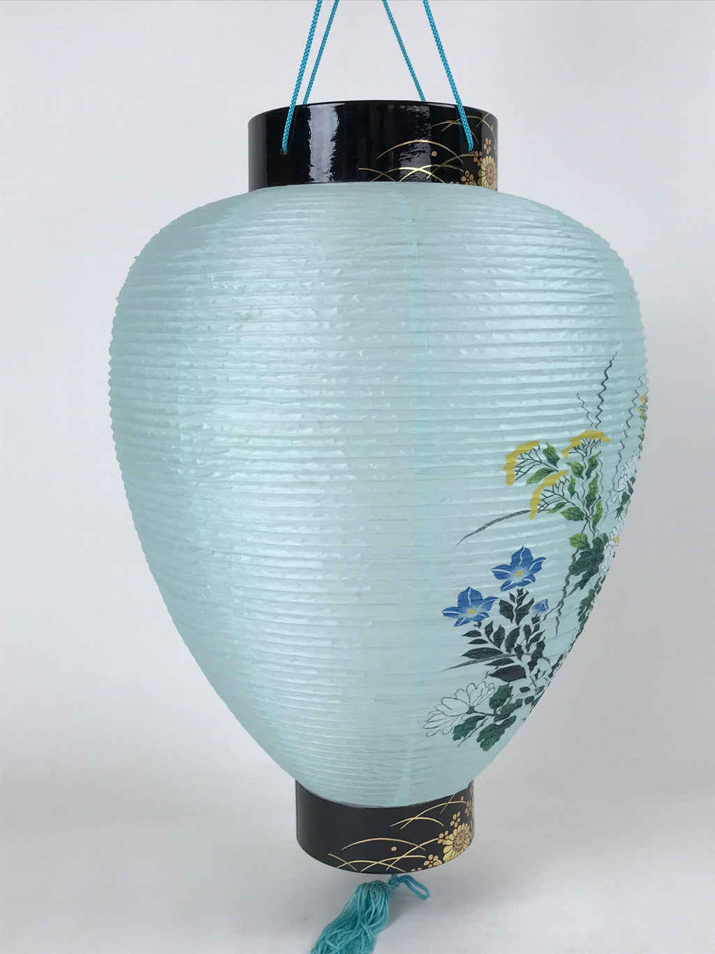 Japanese Paper Hanging Chochin Lantern Vtg Flowers Blue Tassel Black Gold LT73
