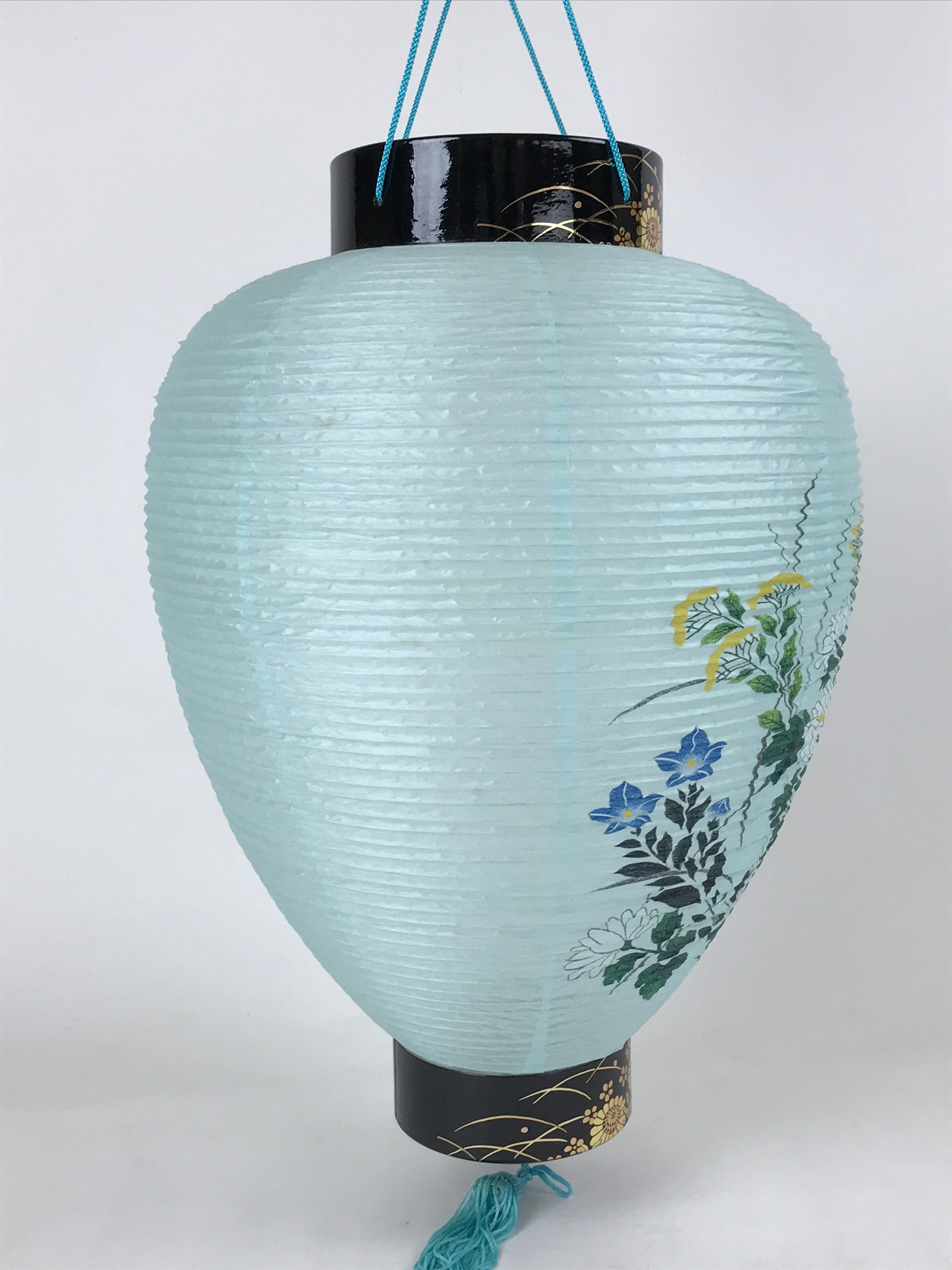 Japanese Paper Hanging Chochin Lantern Vtg Flowers Blue Tassel Black Gold LT73