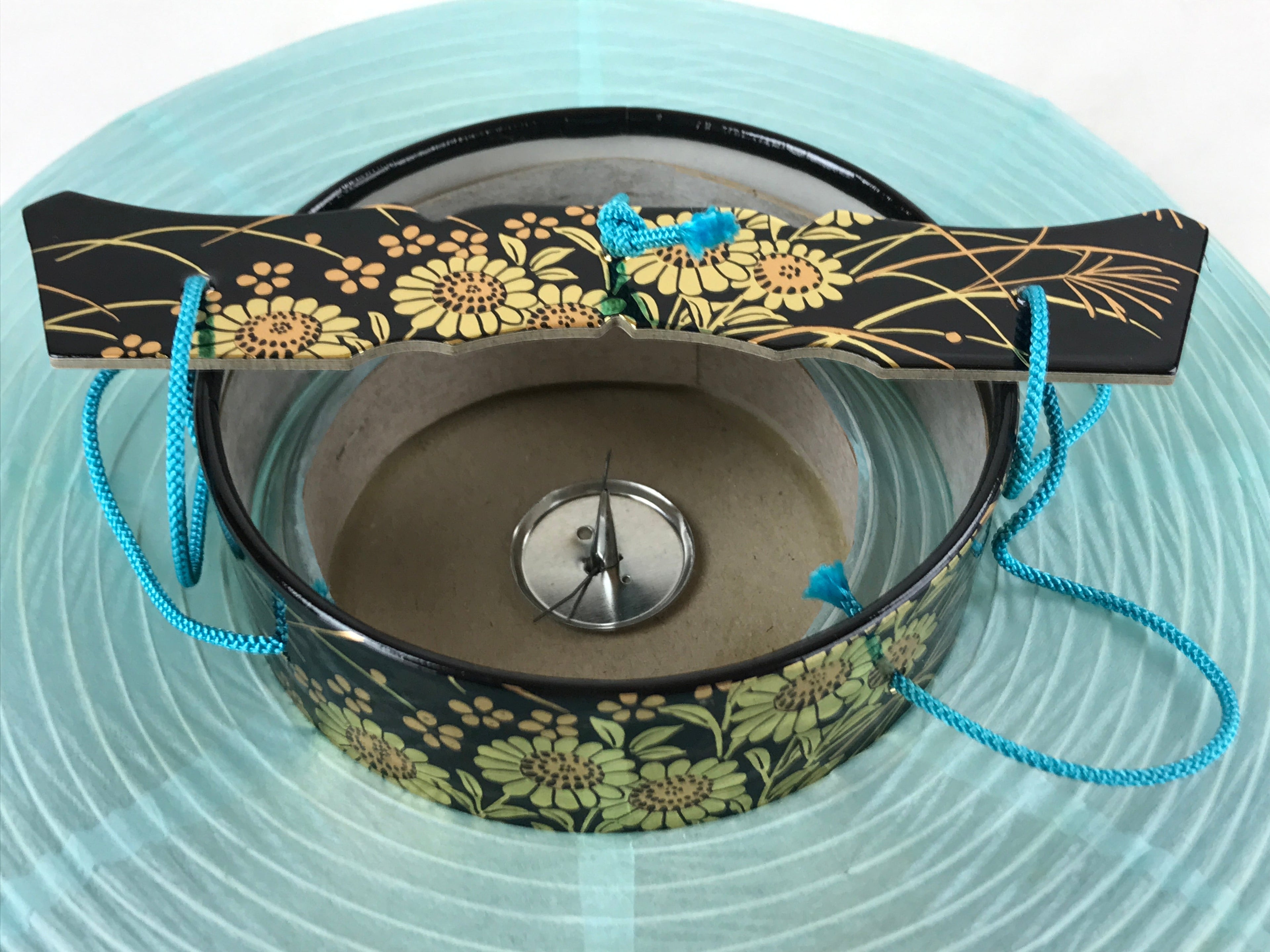 Japanese Paper Hanging Chochin Lantern Vtg Flowers Blue Tassel Black Gold LT73