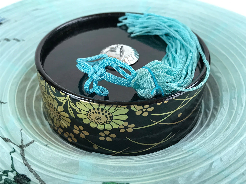Japanese Paper Hanging Chochin Lantern Vtg Flowers Blue Tassel Black Gold LT73