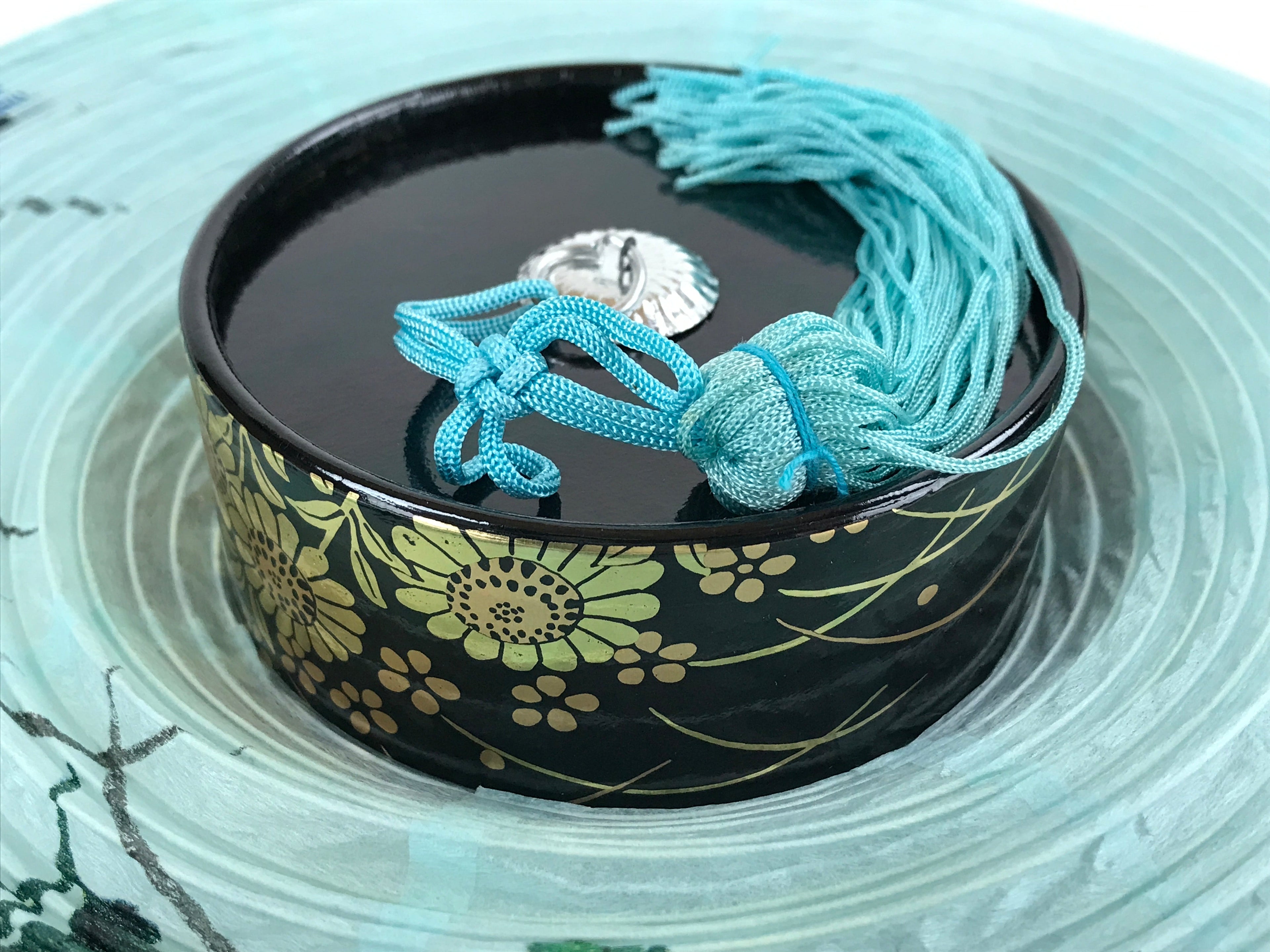 Japanese Paper Hanging Chochin Lantern Vtg Flowers Blue Tassel Black Gold LT73