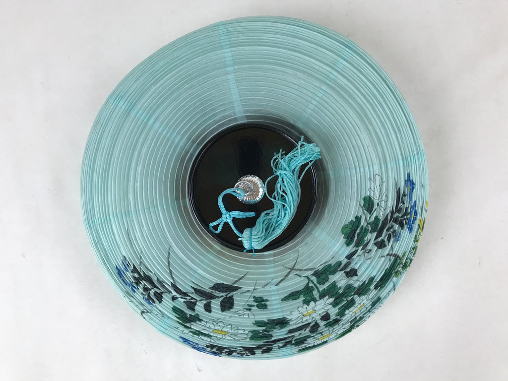 Japanese Paper Hanging Chochin Lantern Vtg Flowers Blue Tassel Black Gold LT73