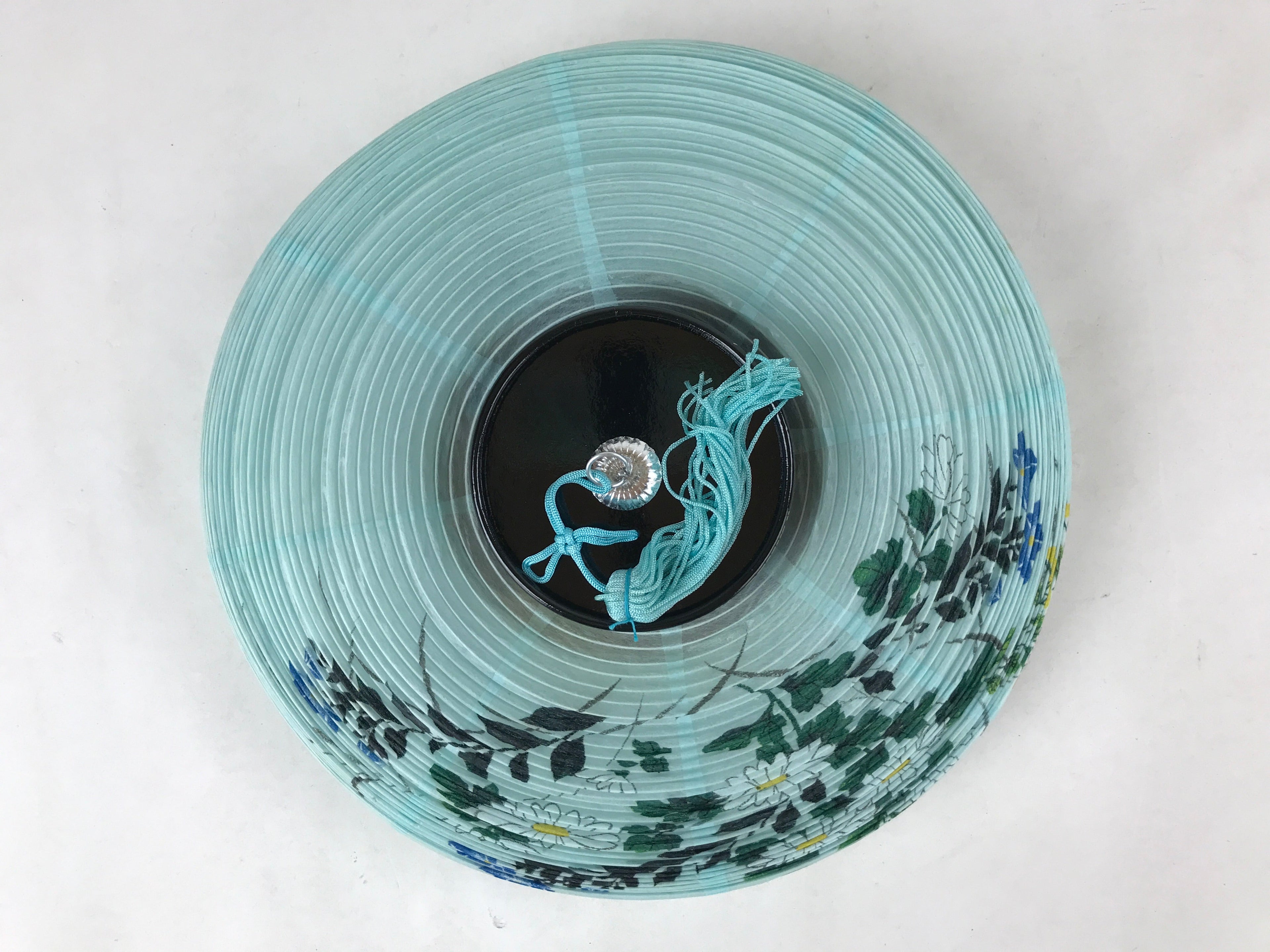 Japanese Paper Hanging Chochin Lantern Vtg Flowers Blue Tassel Black Gold LT73