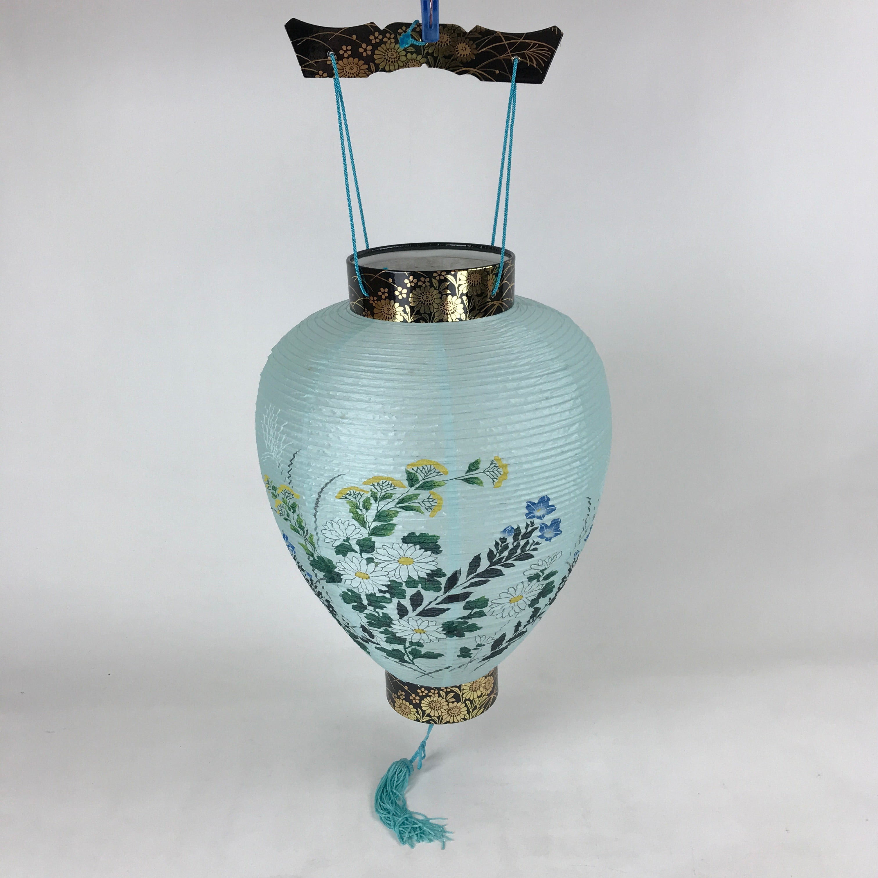 Japanese Paper Hanging Chochin Lantern Vtg Flowers Blue Tassel Black Gold LT73