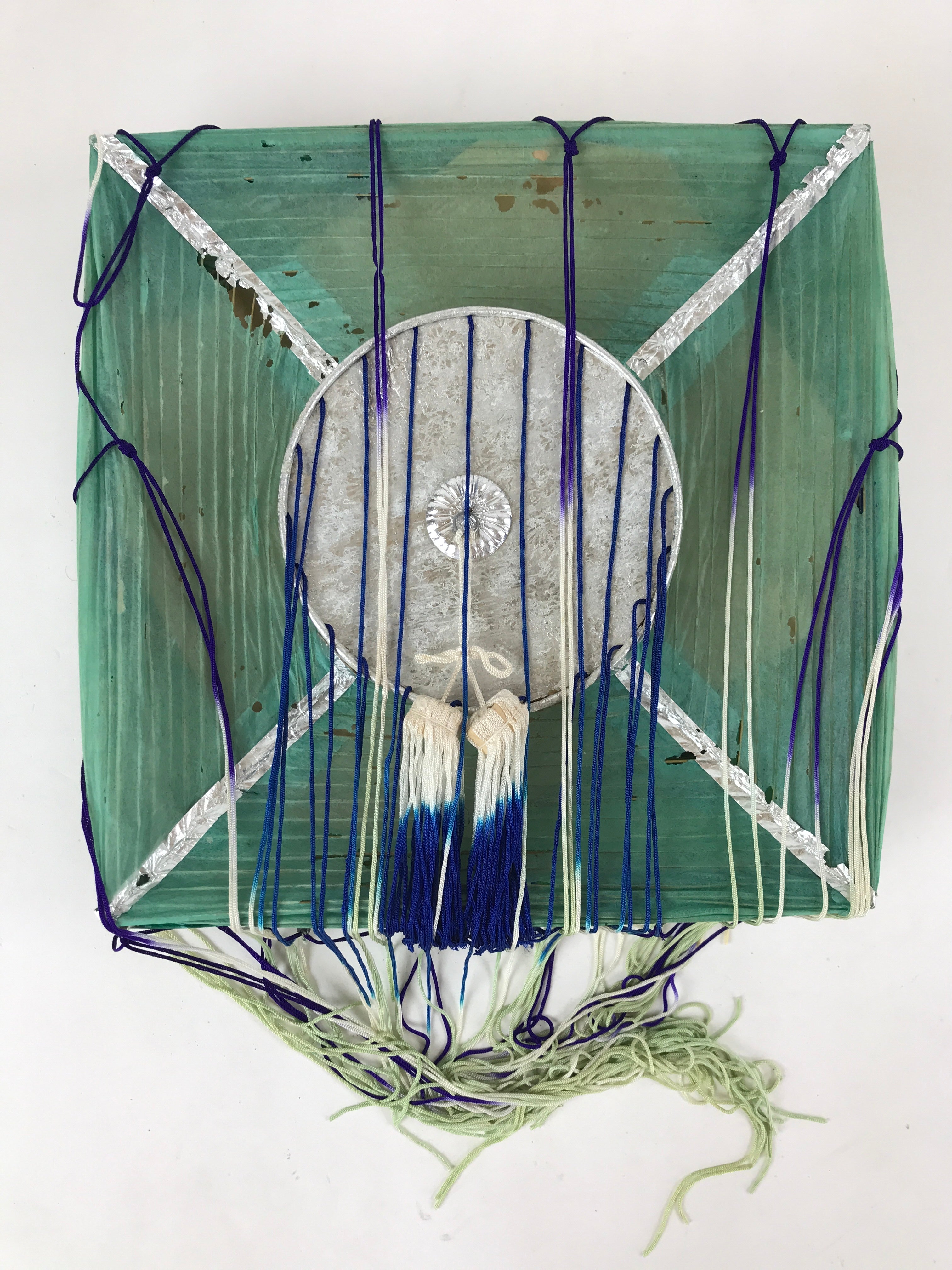 Japanese Paper Hanging Chochin Lantern Vtg Large Temple Candle Shade Green LT69