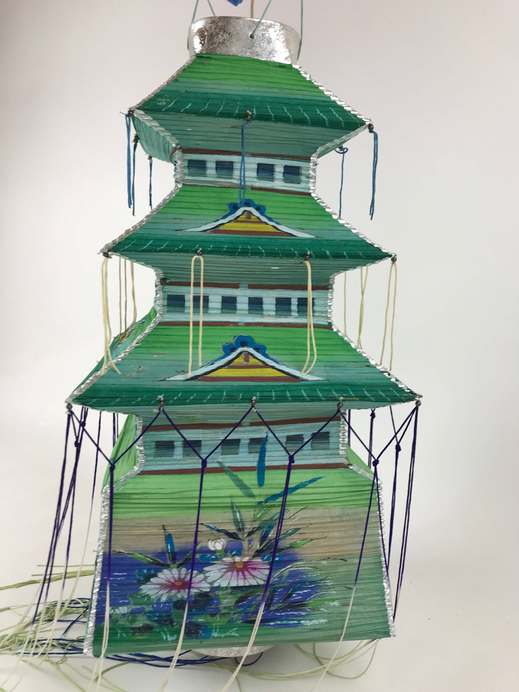 Japanese Paper Hanging Chochin Lantern Vtg Large Temple Candle Shade Green LT69