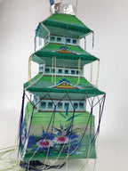 Japanese Paper Hanging Chochin Lantern Vtg Large Temple Candle Shade Green LT69
