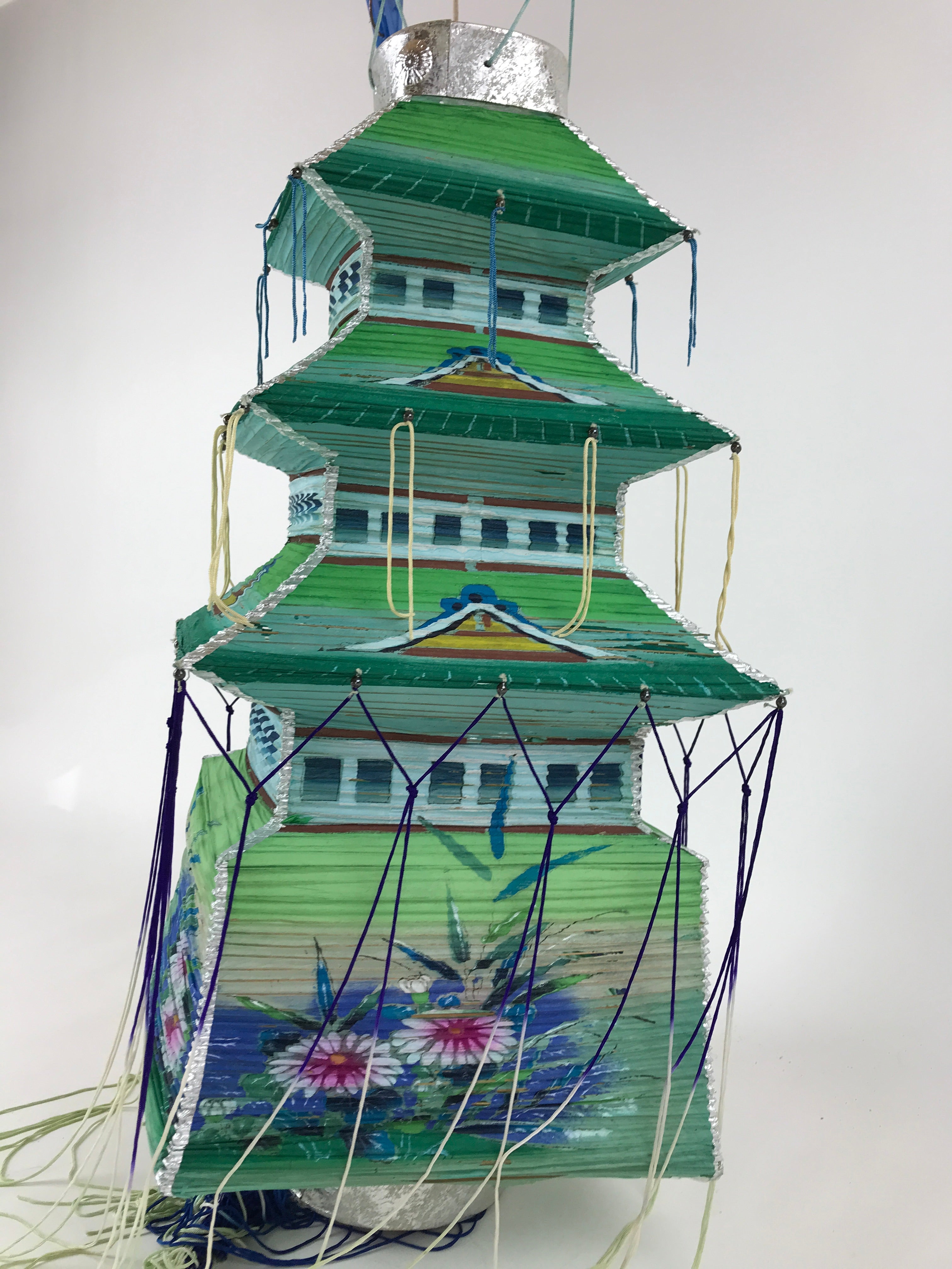 Japanese Paper Hanging Chochin Lantern Vtg Large Temple Candle Shade Green LT69