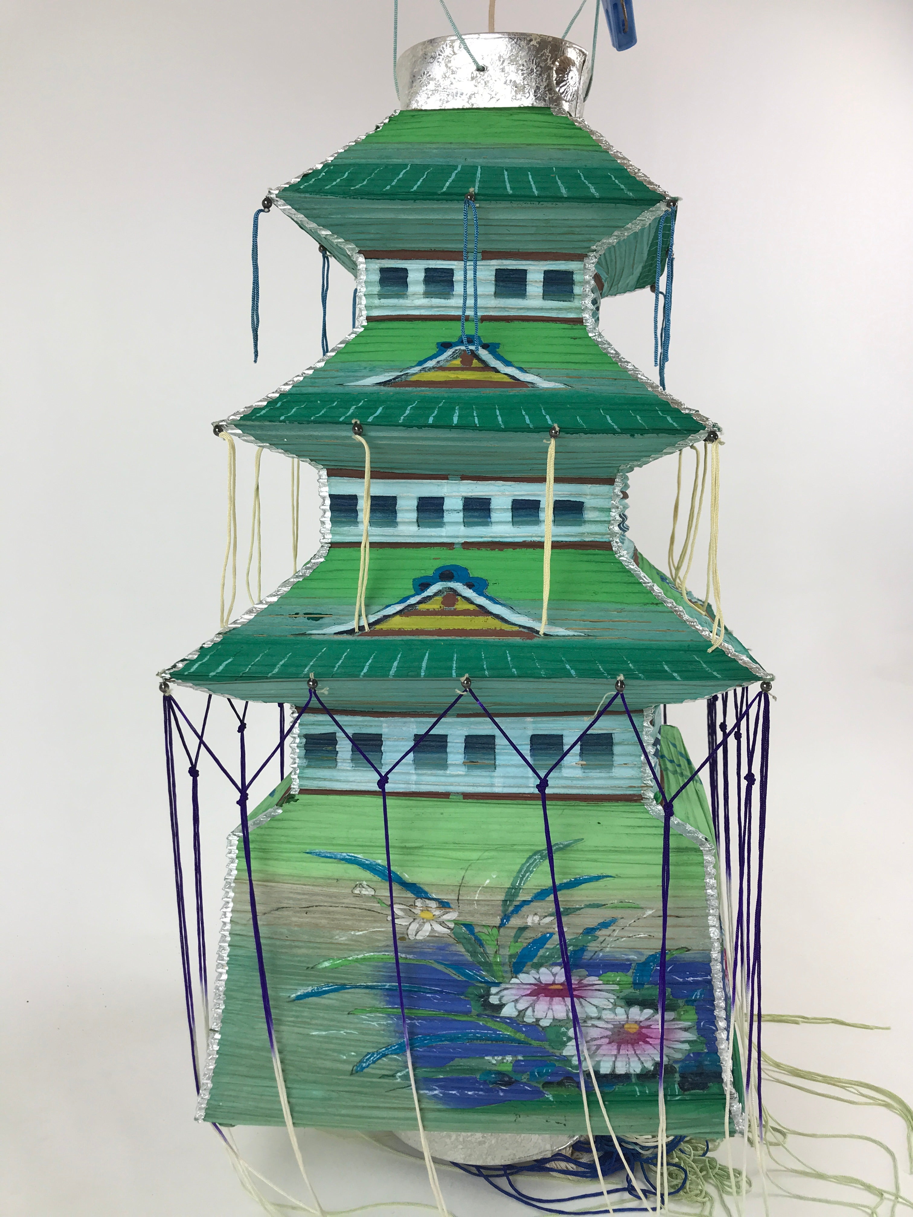 Japanese Paper Hanging Chochin Lantern Vtg Large Temple Candle Shade Green LT69