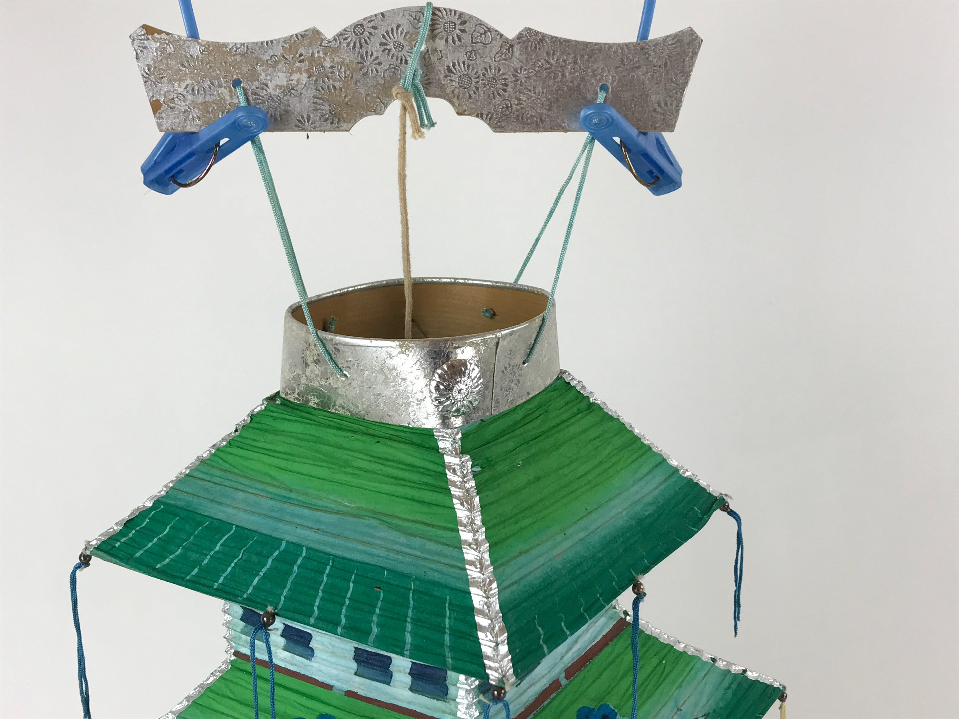 Japanese Paper Hanging Chochin Lantern Vtg Large Temple Candle Shade Green LT69