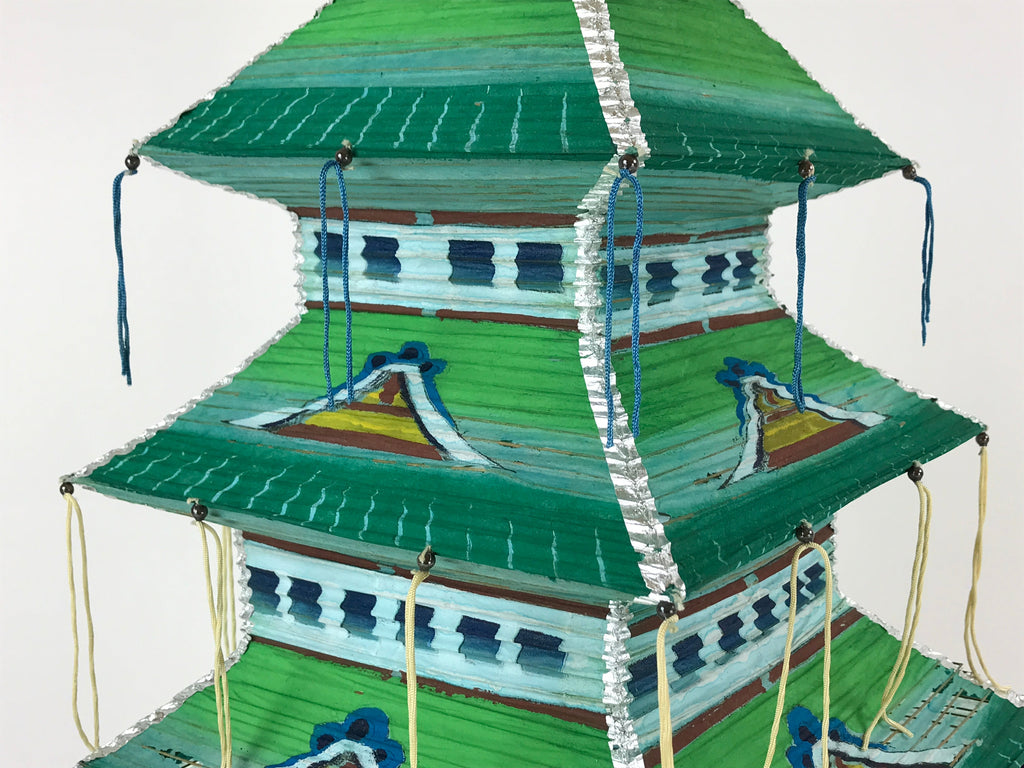 Japanese Paper Hanging Chochin Lantern Vtg Large Temple Candle Shade Green LT69