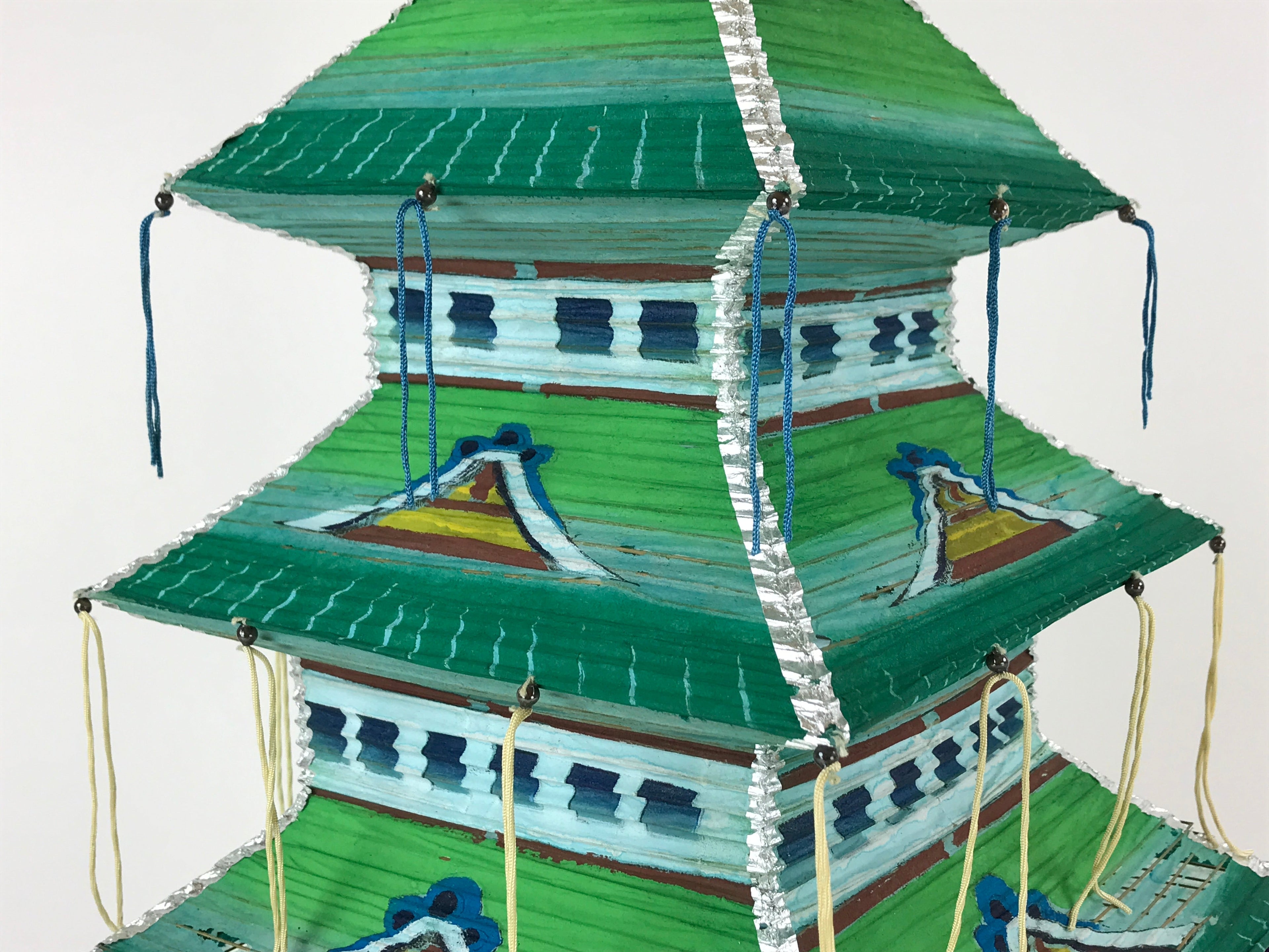 Japanese Paper Hanging Chochin Lantern Vtg Large Temple Candle Shade Green LT69