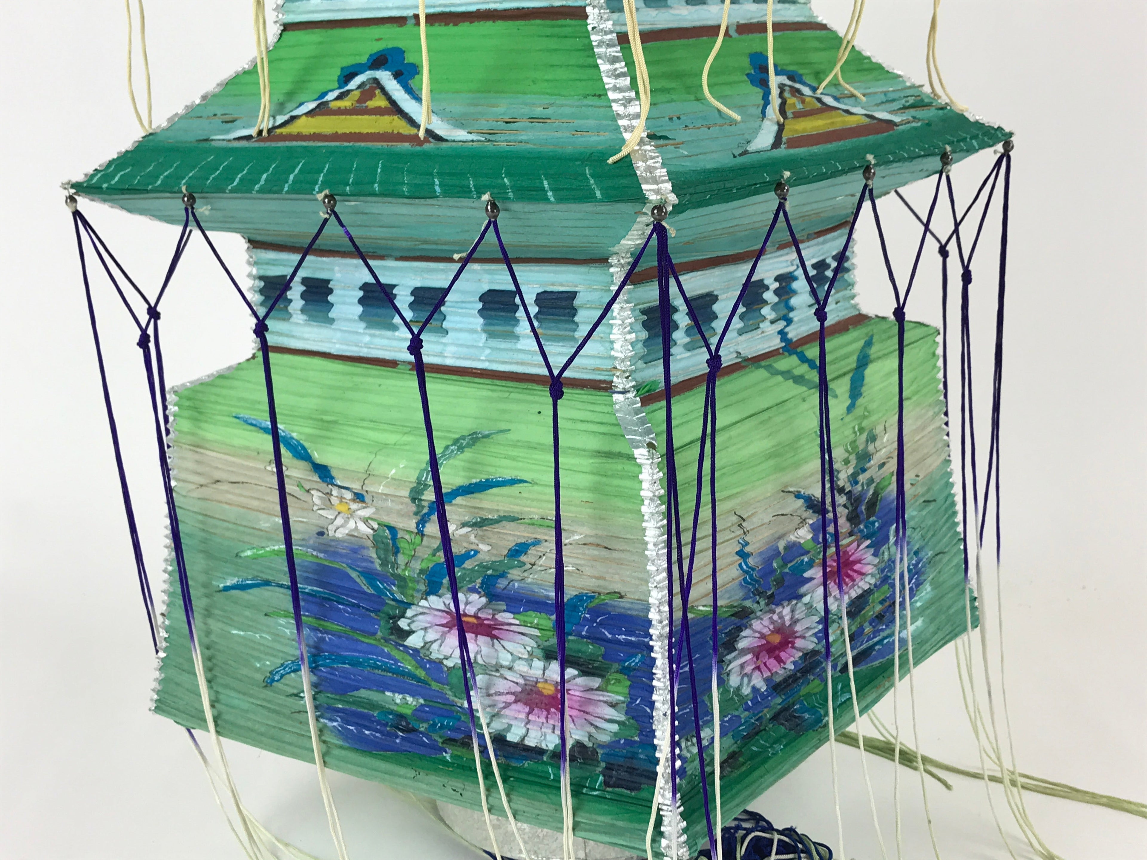 Japanese Paper Hanging Chochin Lantern Vtg Large Temple Candle Shade Green LT69