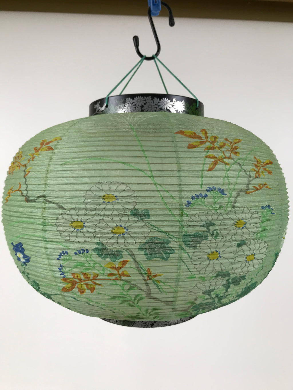 Japanese Paper Hanging Lantern Vtg Obon Flowers Chrysanthemum Green Decor LT93
