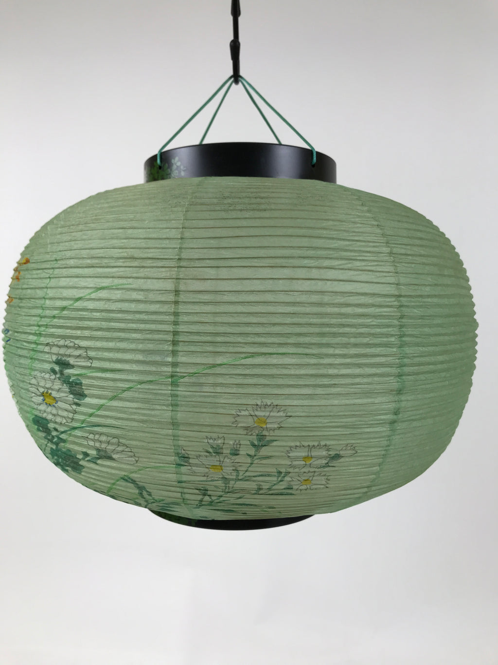 Japanese Paper Hanging Lantern Vtg Obon Flowers Chrysanthemum Green Decor LT93