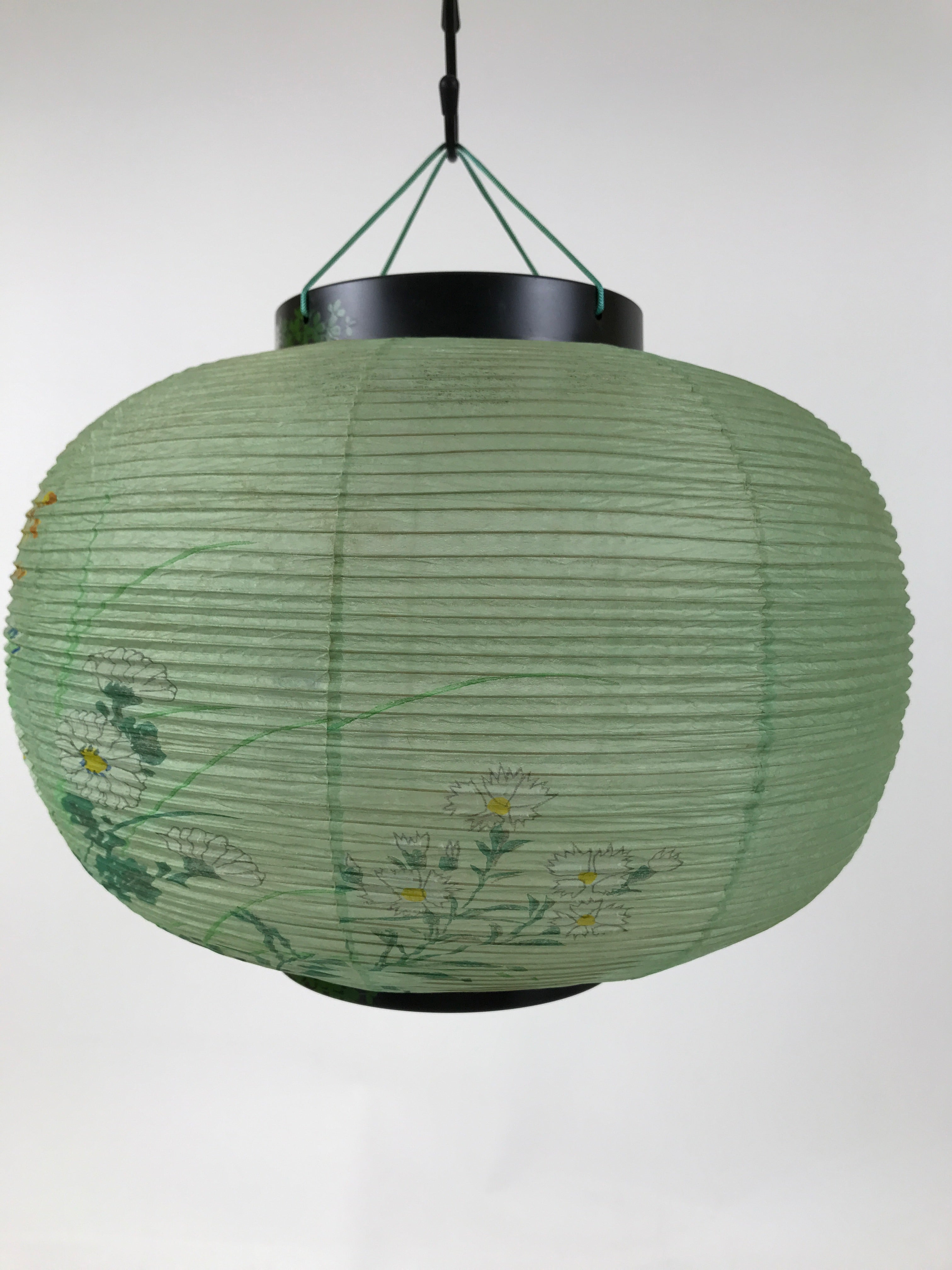 Japanese Paper Hanging Lantern Vtg Obon Flowers Chrysanthemum Green Decor LT93