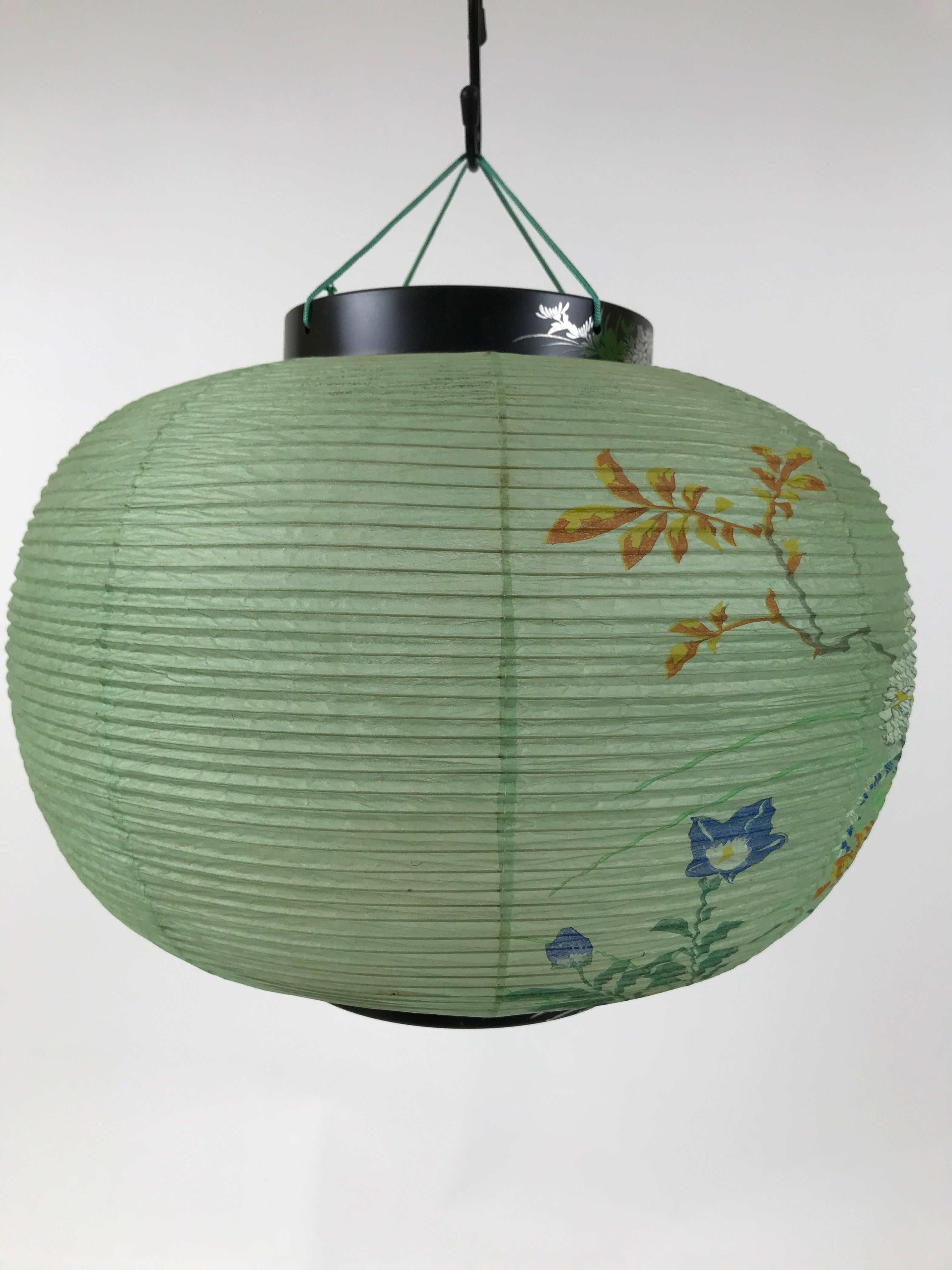 Japanese Paper Hanging Lantern Vtg Obon Flowers Chrysanthemum Green Decor LT93