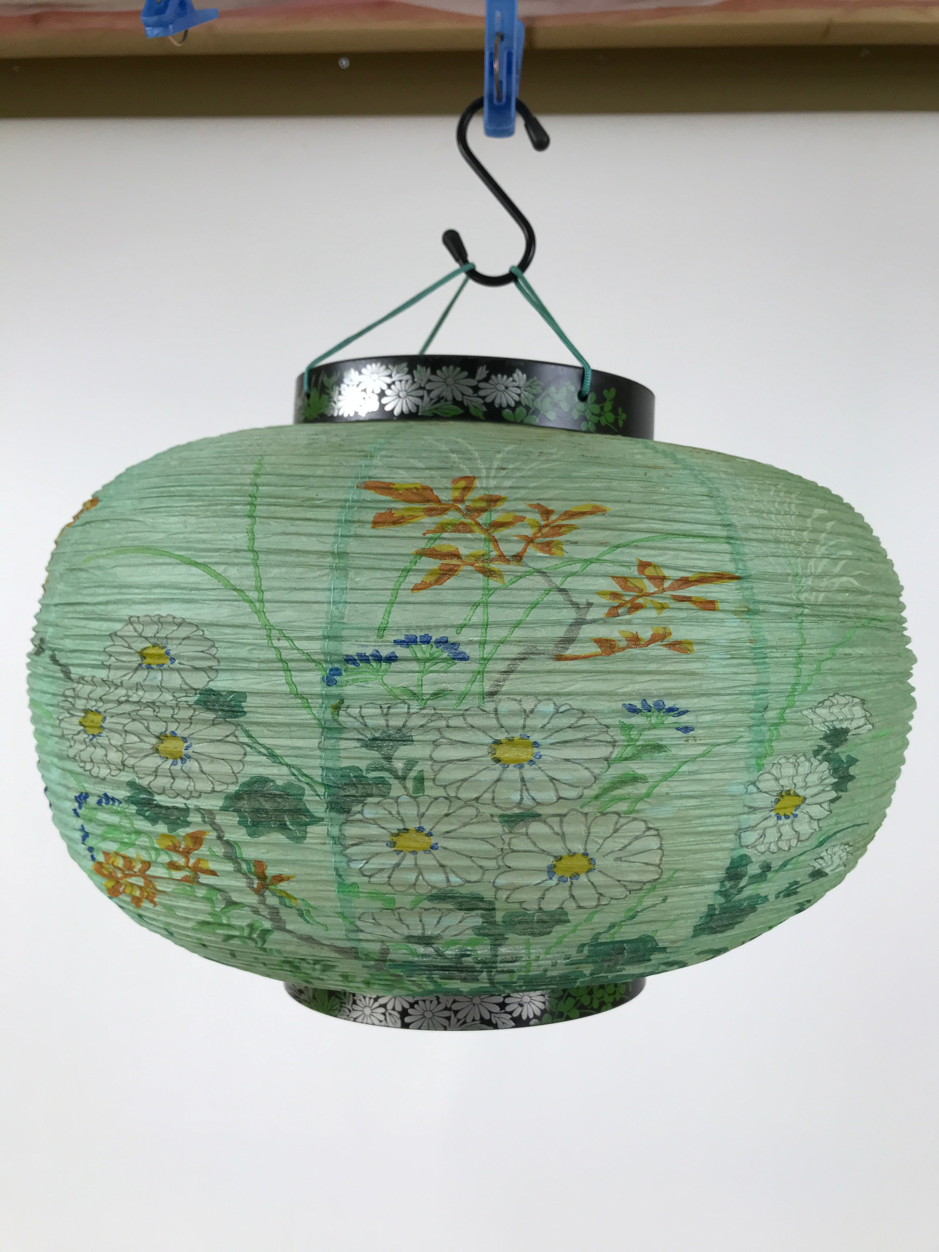 Japanese Paper Hanging Lantern Vtg Obon Flowers Chrysanthemum Green Decor LT94