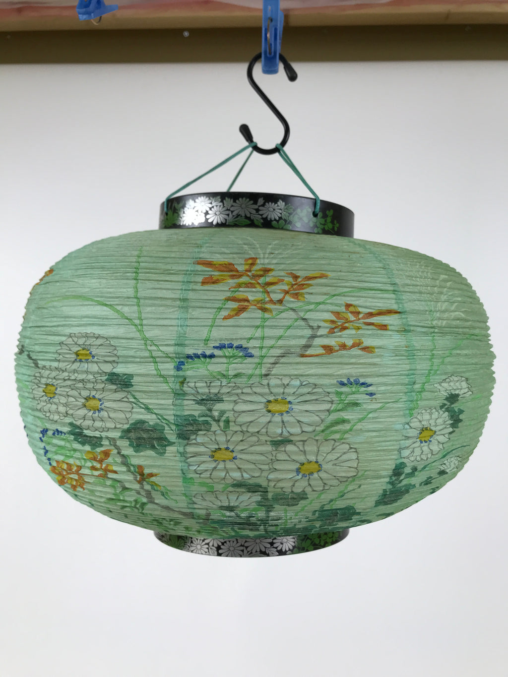 Japanese Paper Hanging Lantern Vtg Obon Flowers Chrysanthemum Green Decor LT94