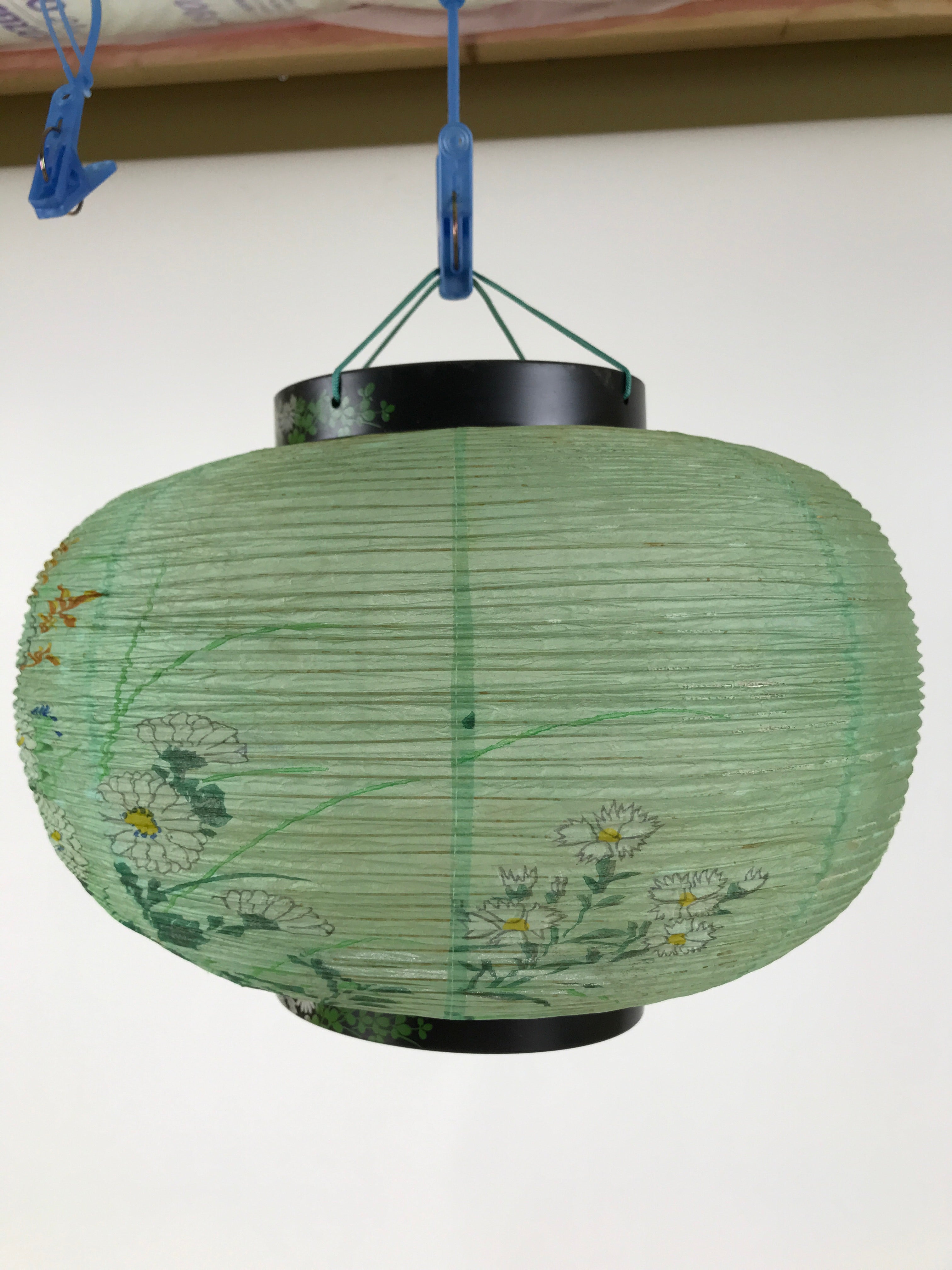 Japanese Paper Hanging Lantern Vtg Obon Flowers Chrysanthemum Green Decor LT94