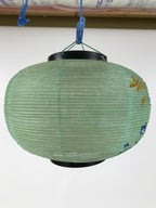 Japanese Paper Hanging Lantern Vtg Obon Flowers Chrysanthemum Green Decor LT94
