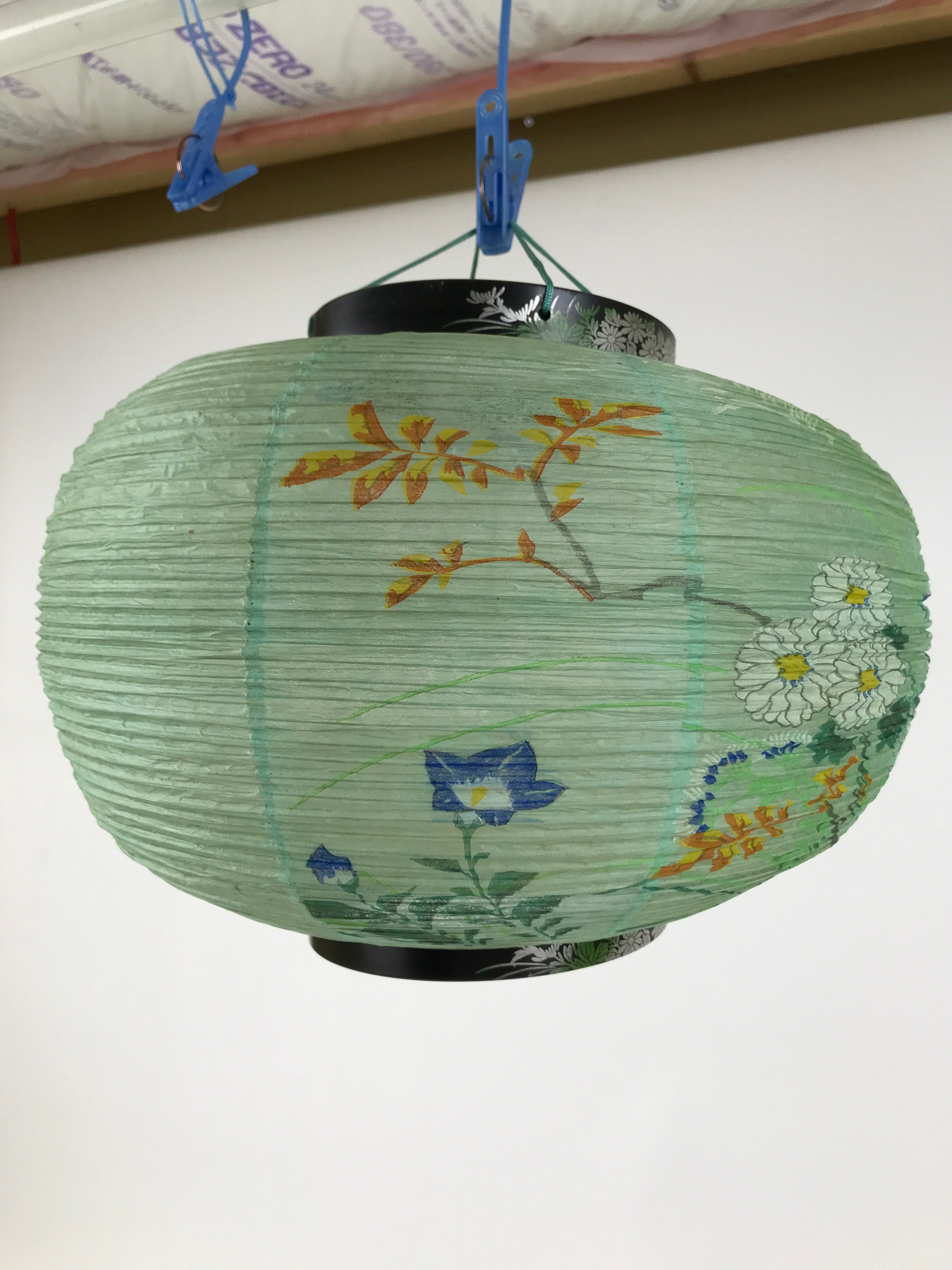 Japanese Paper Hanging Lantern Vtg Obon Flowers Chrysanthemum Green Decor LT94