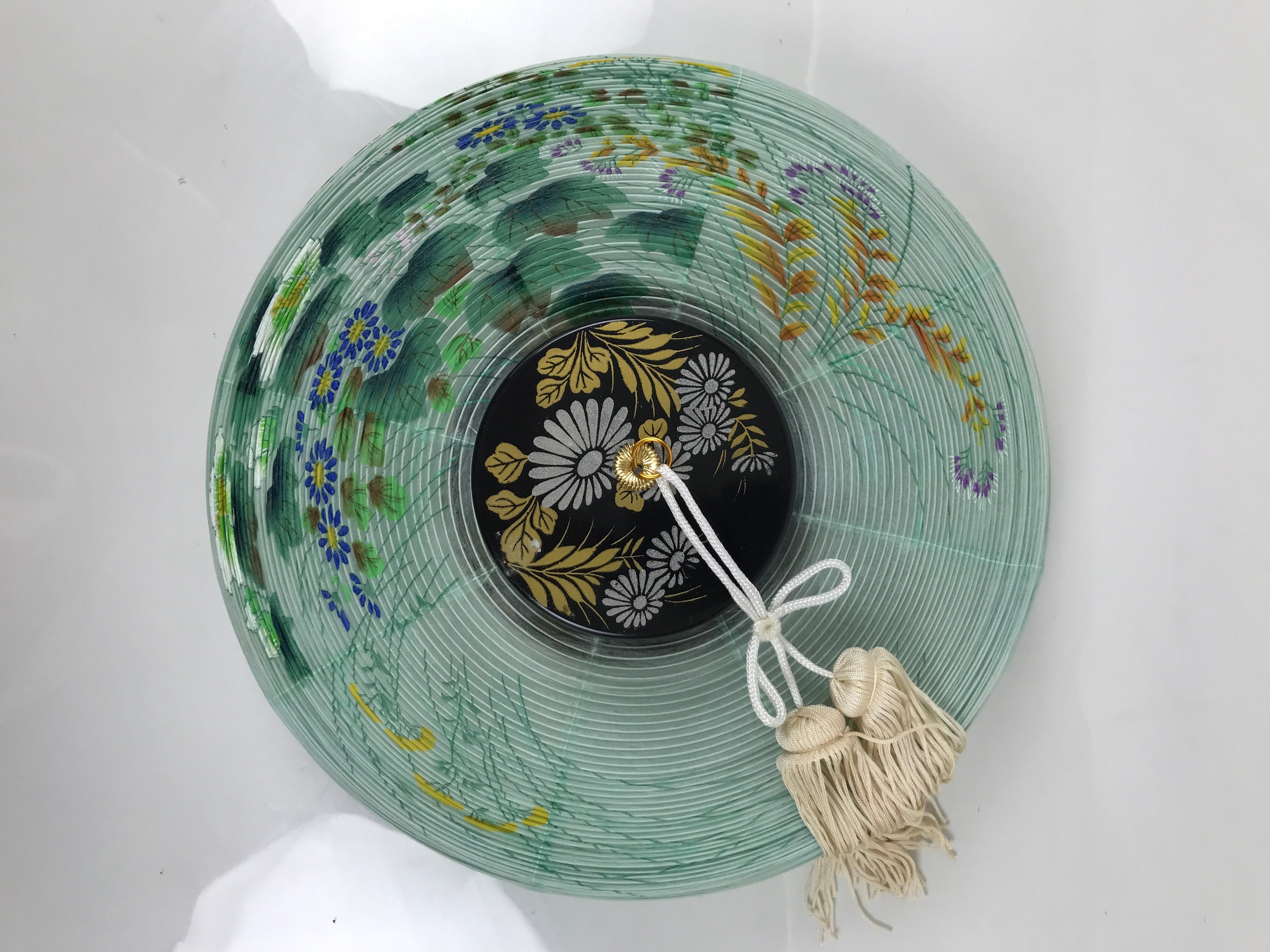 Japanese Paper Hanging Lantern Vtg Obon Flowers Chrysanthemum Green Decor LT95