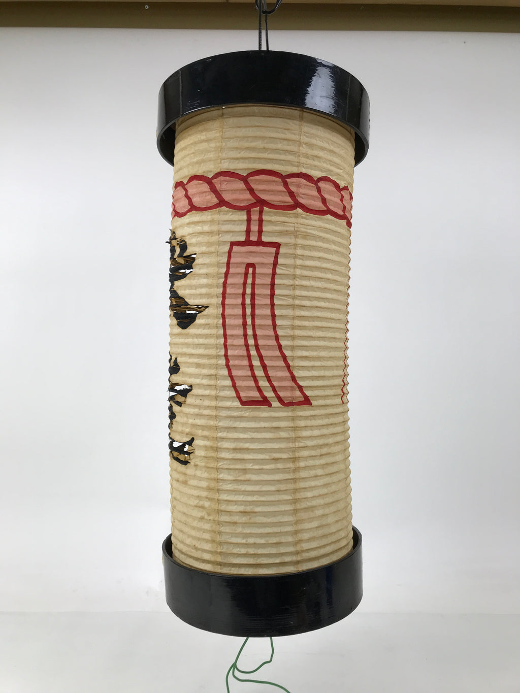 Japanese Paper Hanging Votive Lantern Vtg Matsuri Cylinder White Red Black LT90