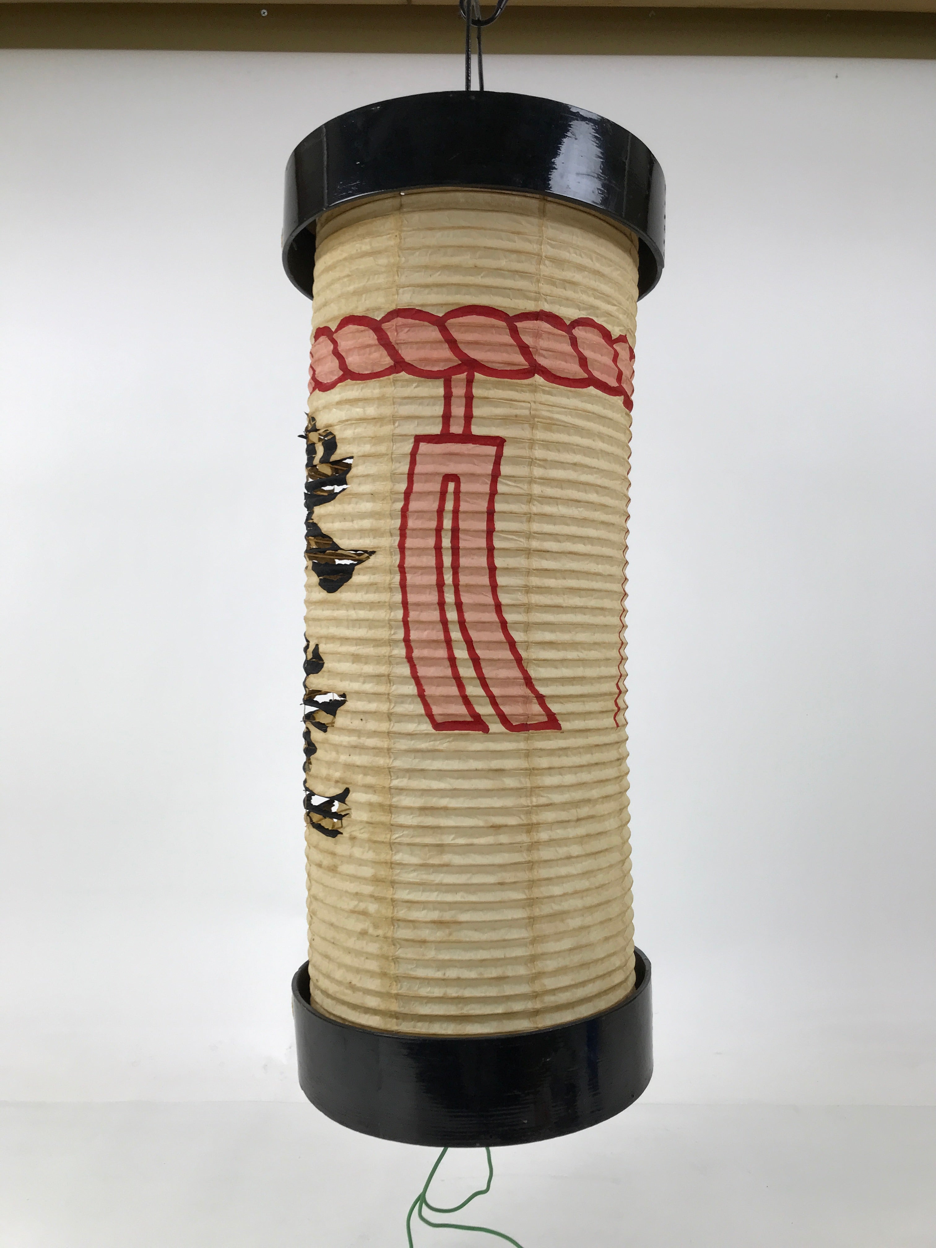 Japanese Paper Hanging Votive Lantern Vtg Matsuri Cylinder White Red Black LT90