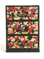 Japanese Paper Sewing Box Haribako Vtg Tansu Chest 3 Drawers Red Kimono Girl T33