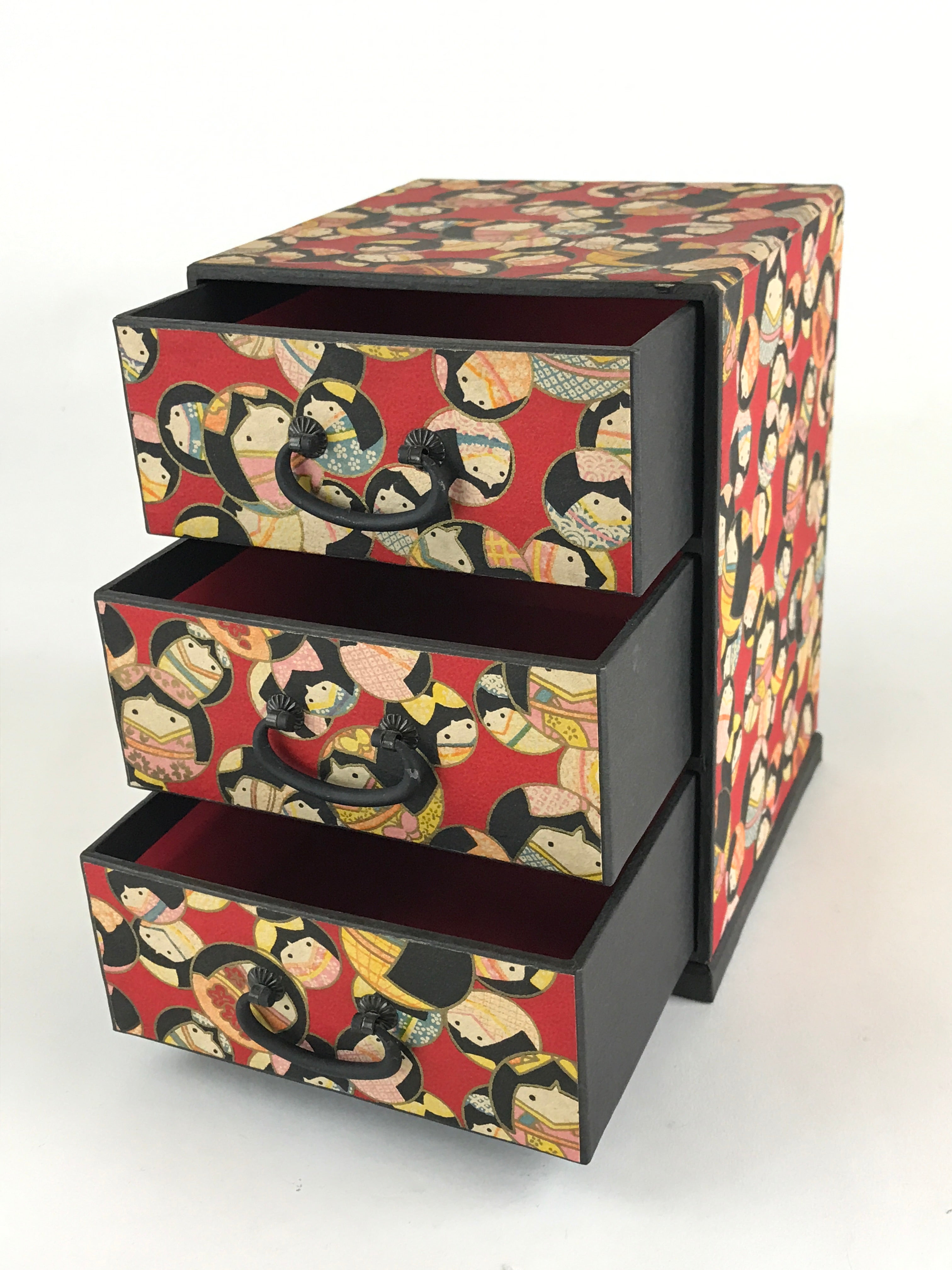 Japanese Paper Sewing Box Haribako Vtg Tansu Chest 3 Drawers Red Kimon ...