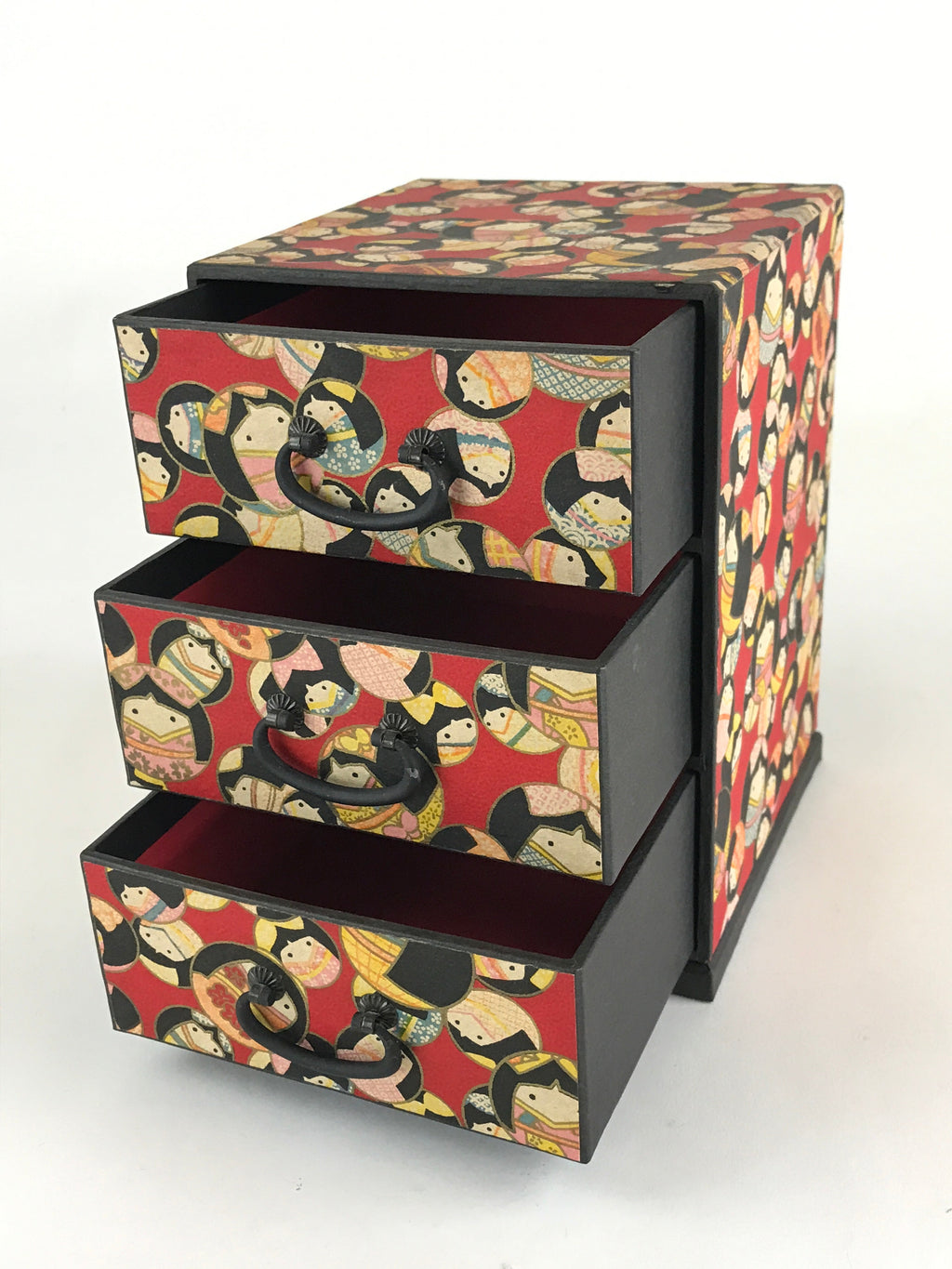 Japanese Paper Sewing Box Haribako Vtg Tansu Chest 3 Drawers Red Kimono Girl T33