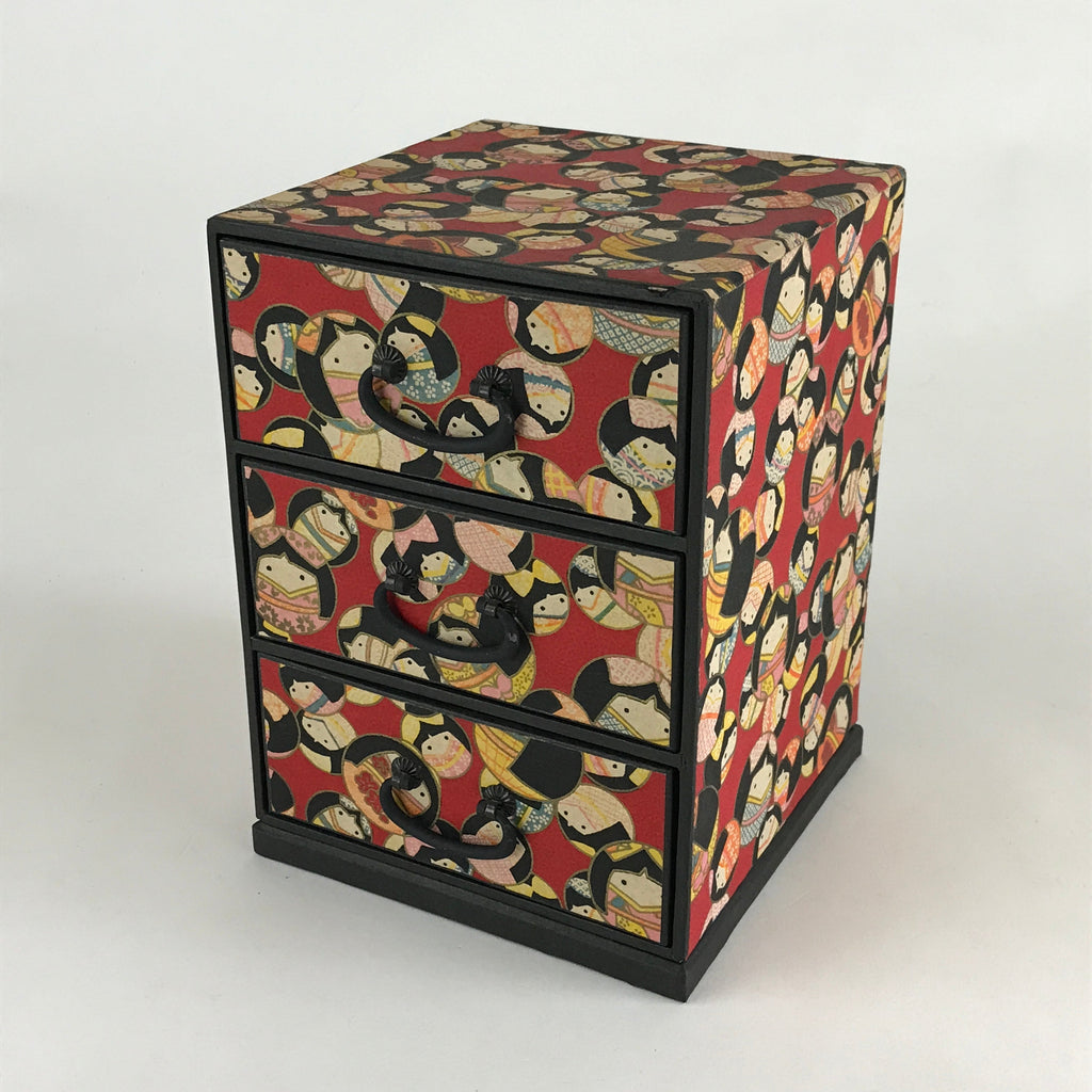 Japanese Paper Sewing Box Haribako Vtg Tansu Chest 3 Drawers Red Kimono Girl T33