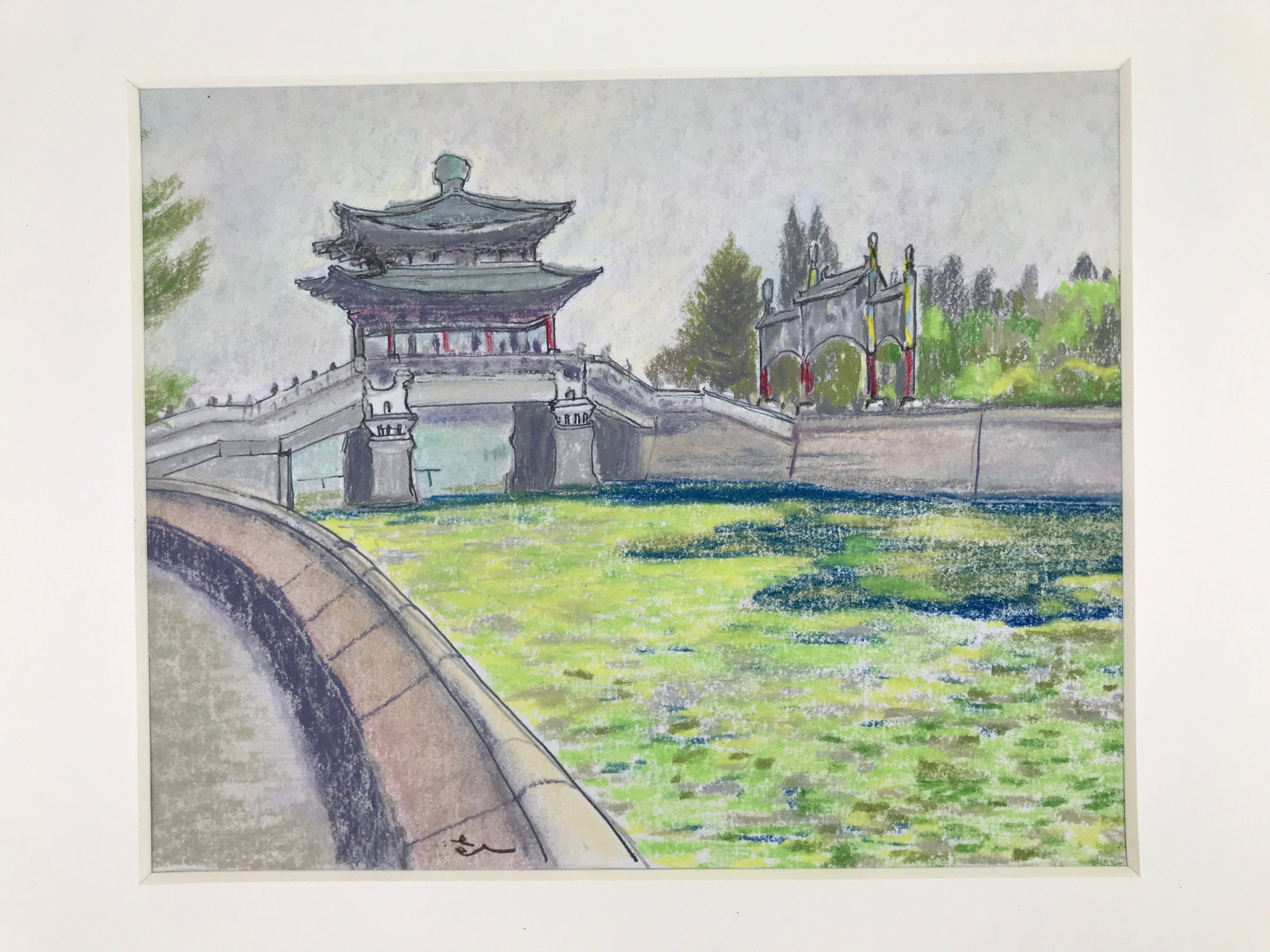 Japanese Pastel Drawing Chinese River Bridge Art Signed Artist Unknown FL348