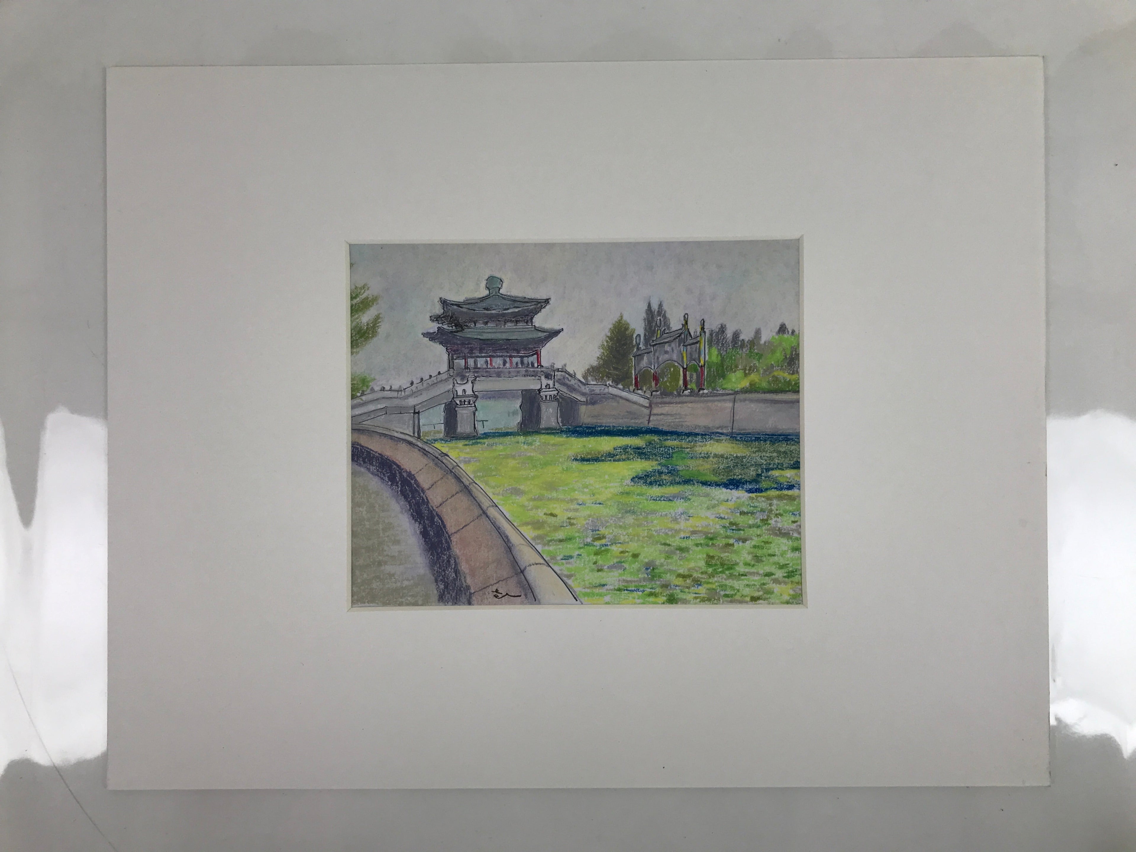 Japanese Pastel Drawing Chinese River Bridge Art Signed Artist Unknown FL348