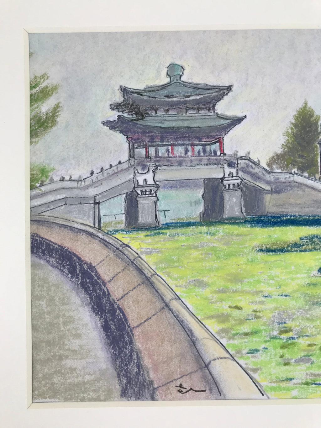 Japanese Pastel Drawing Chinese River Bridge Art Signed Artist Unknown FL348