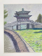 Japanese Pastel Drawing Chinese River Bridge Art Signed Artist Unknown FL348