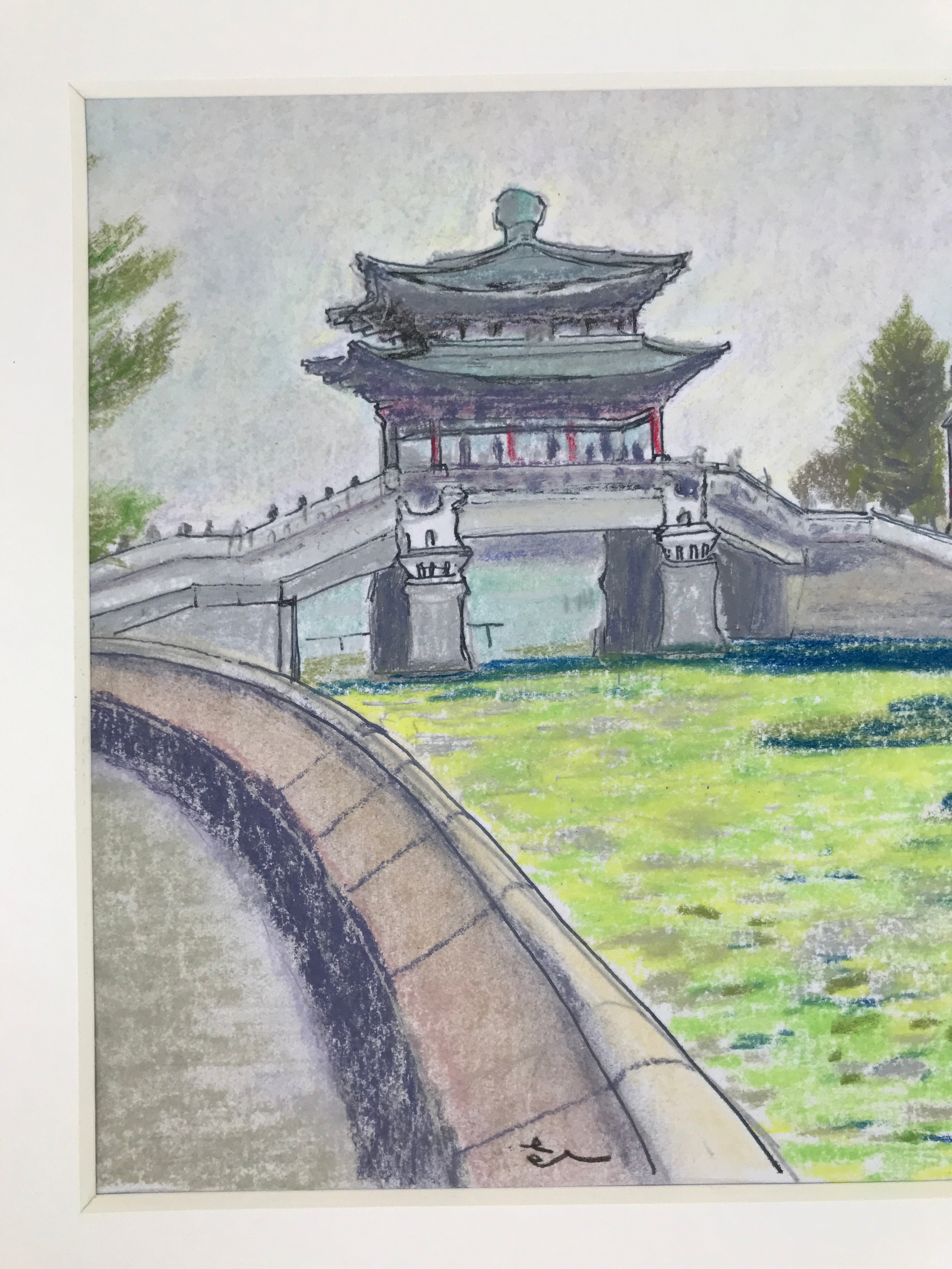Japanese Pastel Drawing Chinese River Bridge Art Signed Artist Unknown FL348