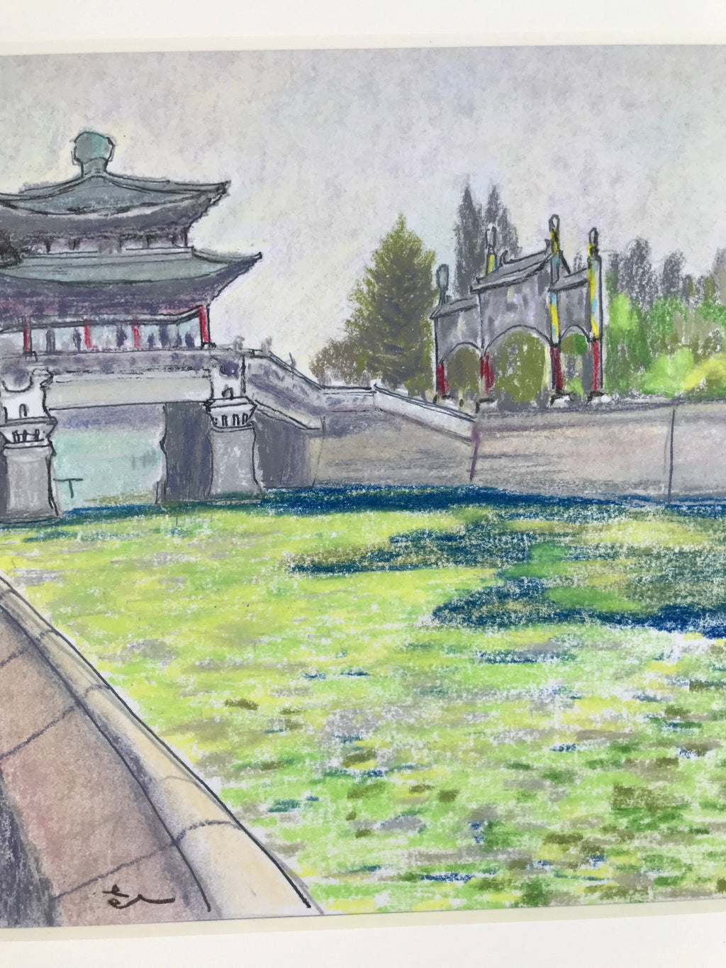 Japanese Pastel Drawing Chinese River Bridge Art Signed Artist Unknown FL348