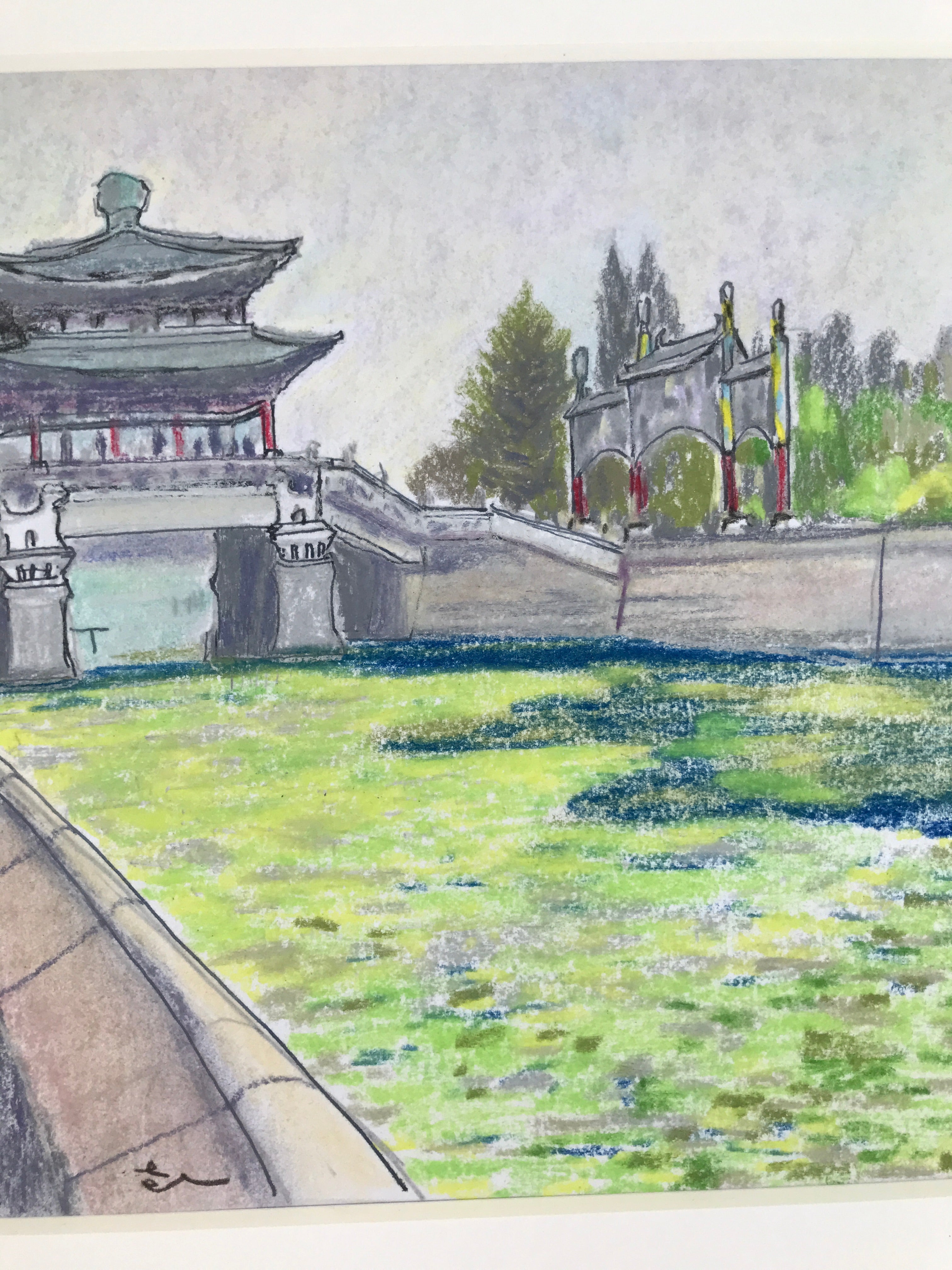 Japanese Pastel Drawing Chinese River Bridge Art Signed Artist Unknown FL348