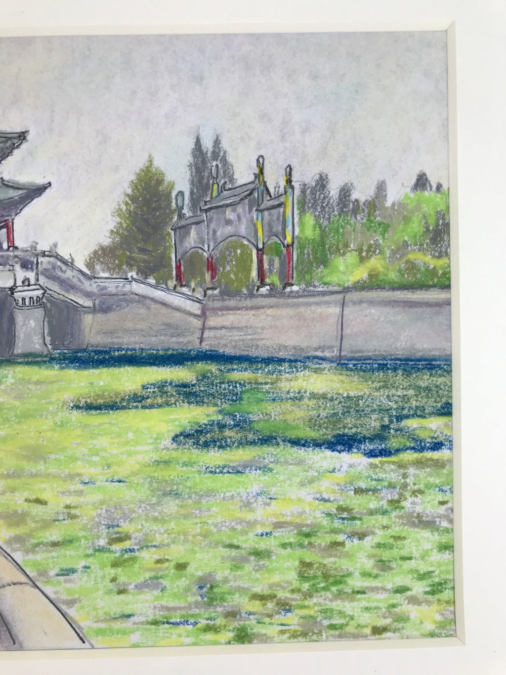 Japanese Pastel Drawing Chinese River Bridge Art Signed Artist Unknown FL348