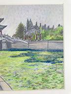 Japanese Pastel Drawing Chinese River Bridge Art Signed Artist Unknown FL348