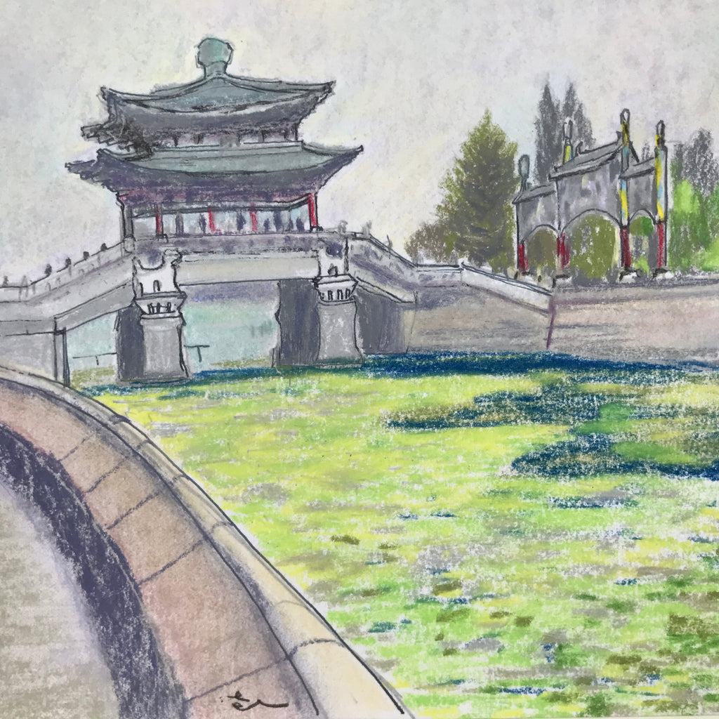 Japanese Pastel Drawing Chinese River Bridge Art Signed Artist Unknown FL348