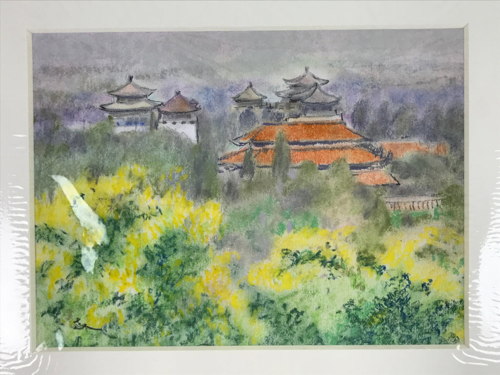 Japanese Pastel Drawing Chinese Temple Landscape Art Signed Artist Unknown FL351