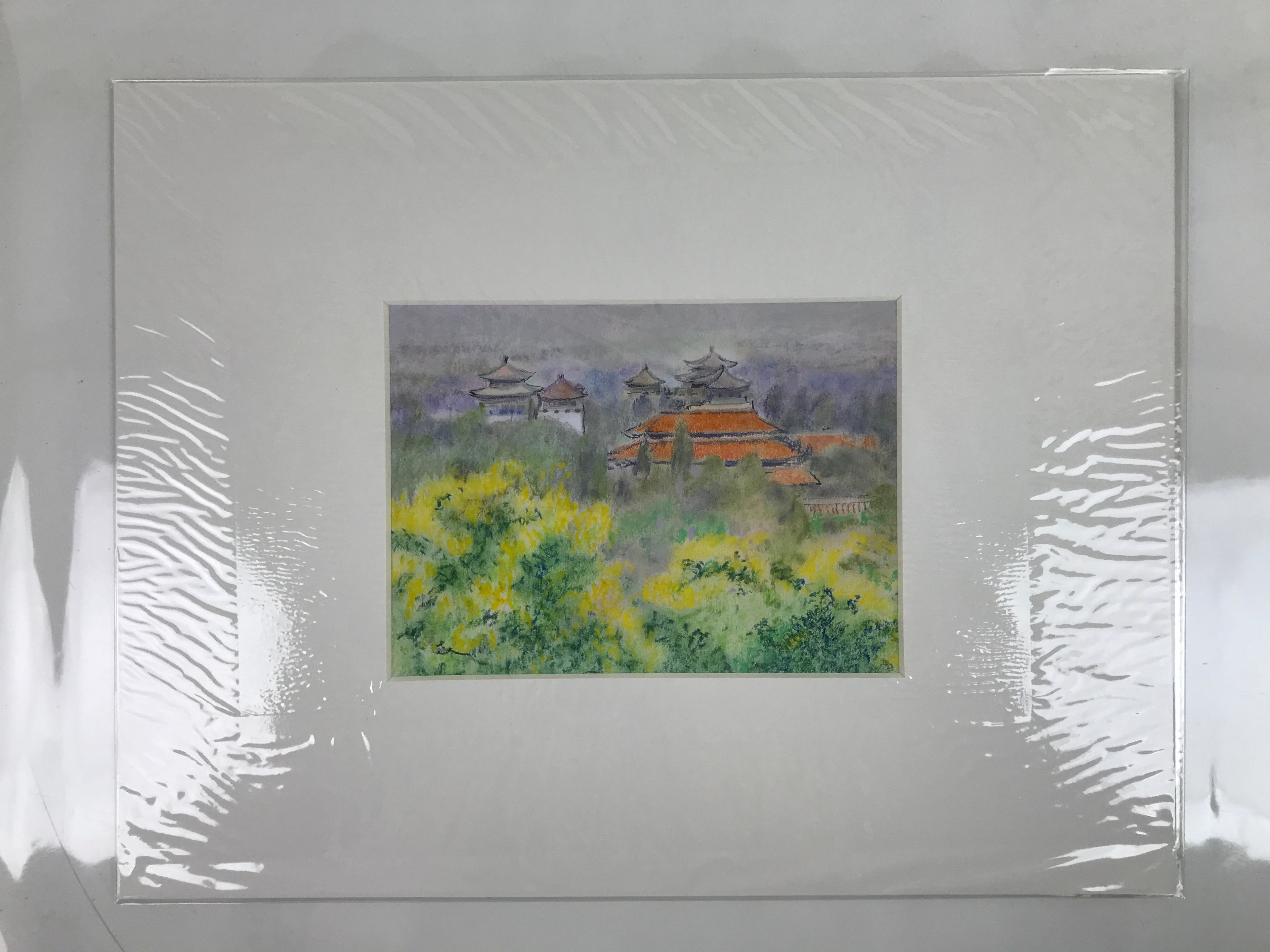 Japanese Pastel Drawing Chinese Temple Landscape Art Signed Artist Unknown FL351