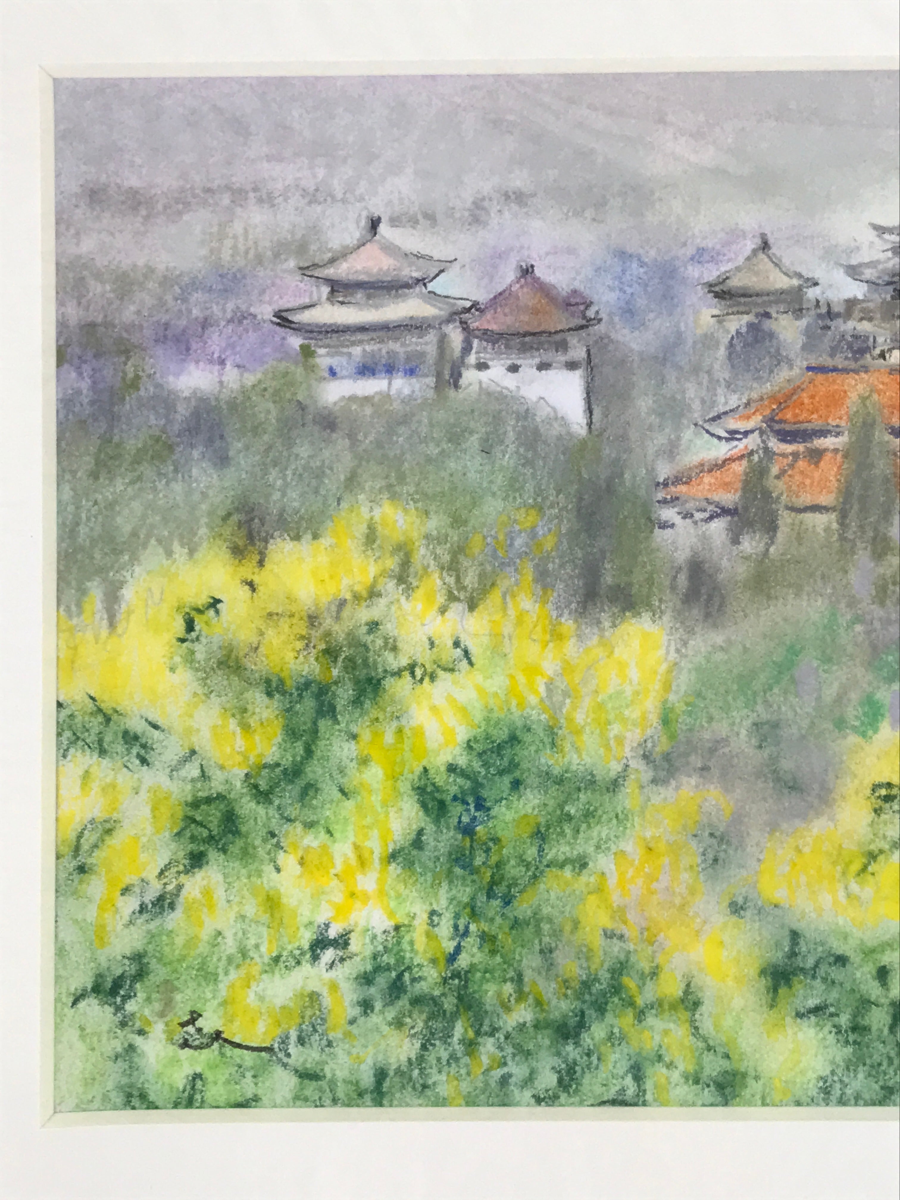 Japanese Pastel Drawing Chinese Temple Landscape Art Signed Artist Unknown FL351