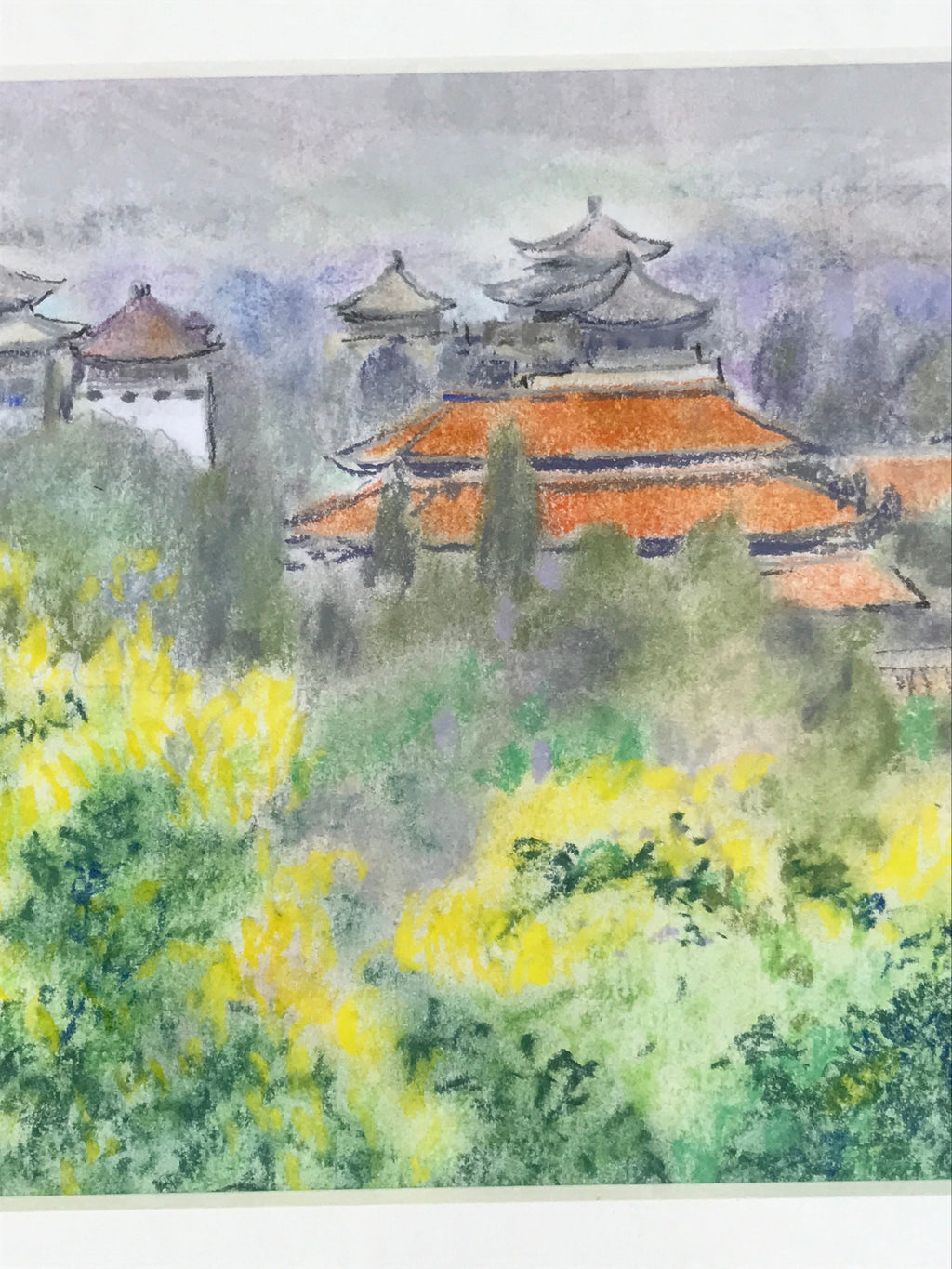 Japanese Pastel Drawing Chinese Temple Landscape Art Signed Artist Unknown FL351