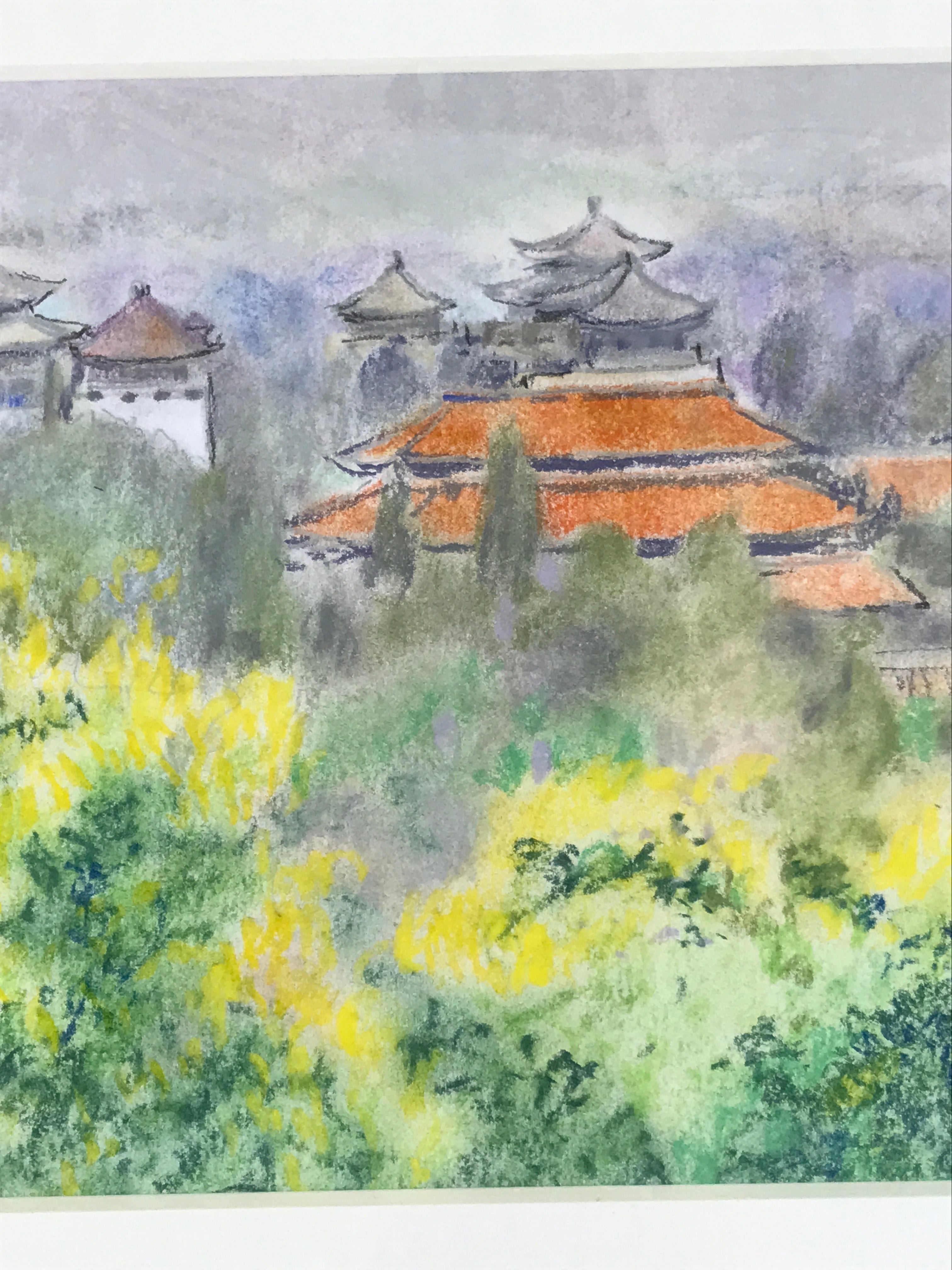 Japanese Pastel Drawing Chinese Temple Landscape Art Signed Artist Unknown FL351